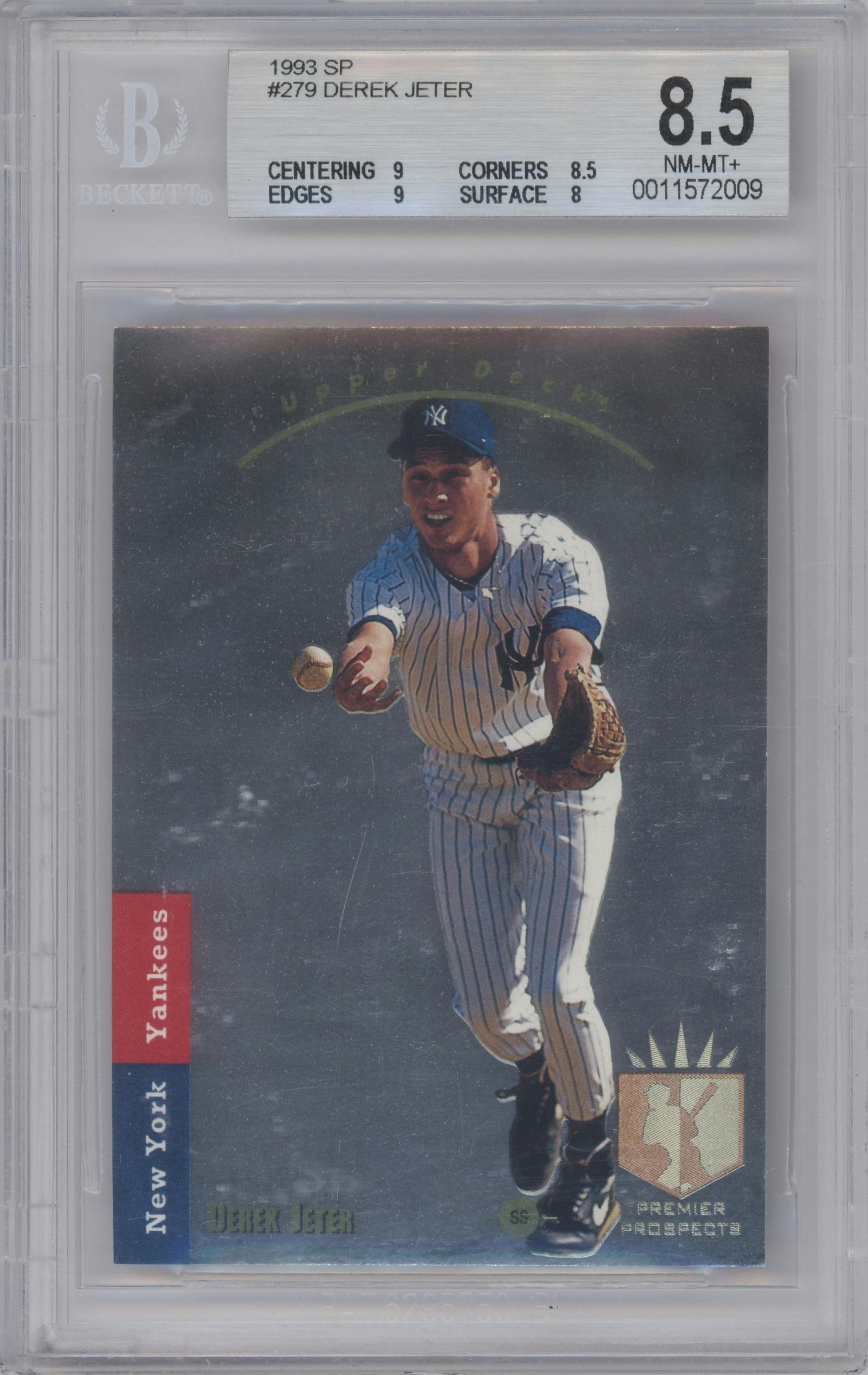 Derek Jeter from the 1993 Upper Deck SP set graded by Beckett and given an overall grade of 8.5.