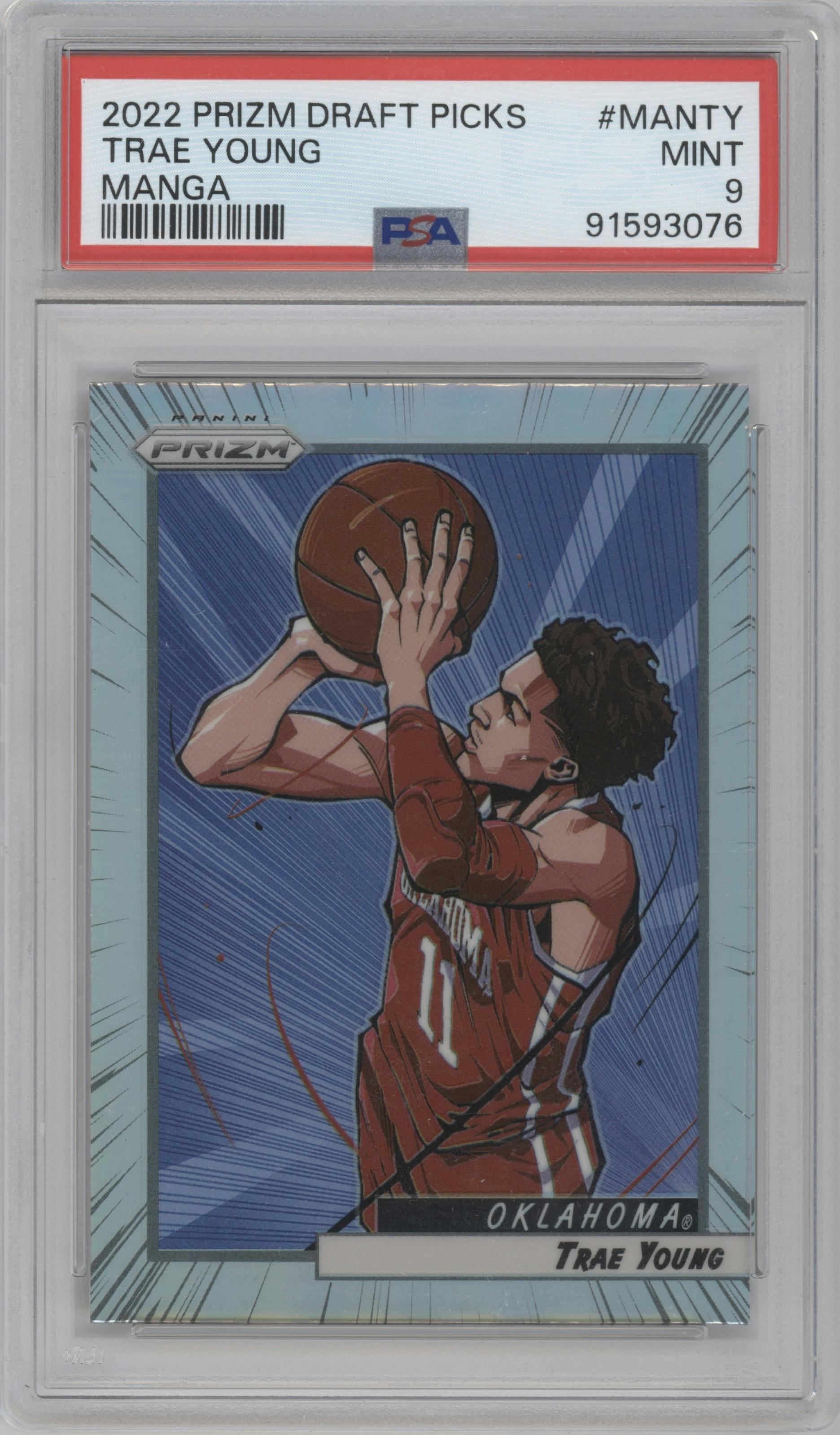 Trae Young from the 2022-23 Panini Prizm Draft Picks set graded by PSA and given an overall grade of 9.