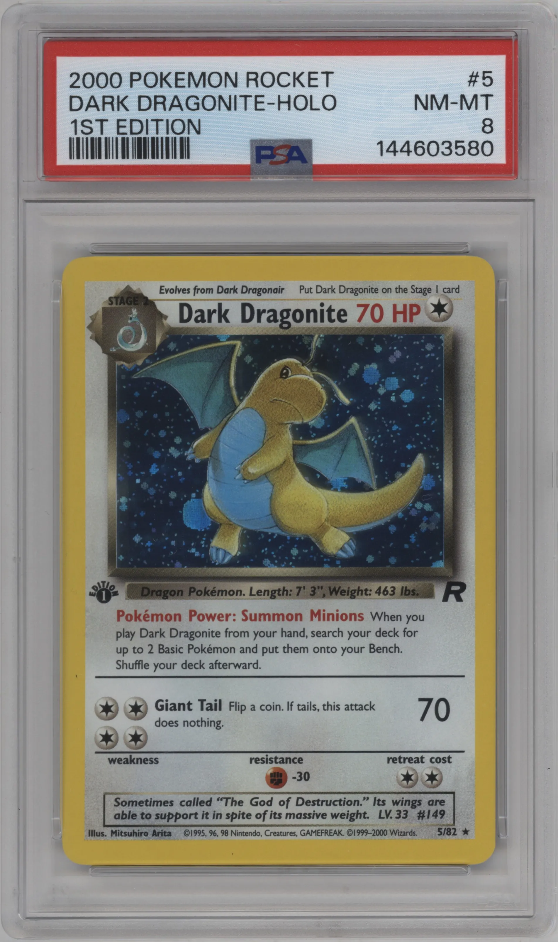 Dark Dragonite from the 2000 Pokemon set graded by PSA and given an overall grade of 8.