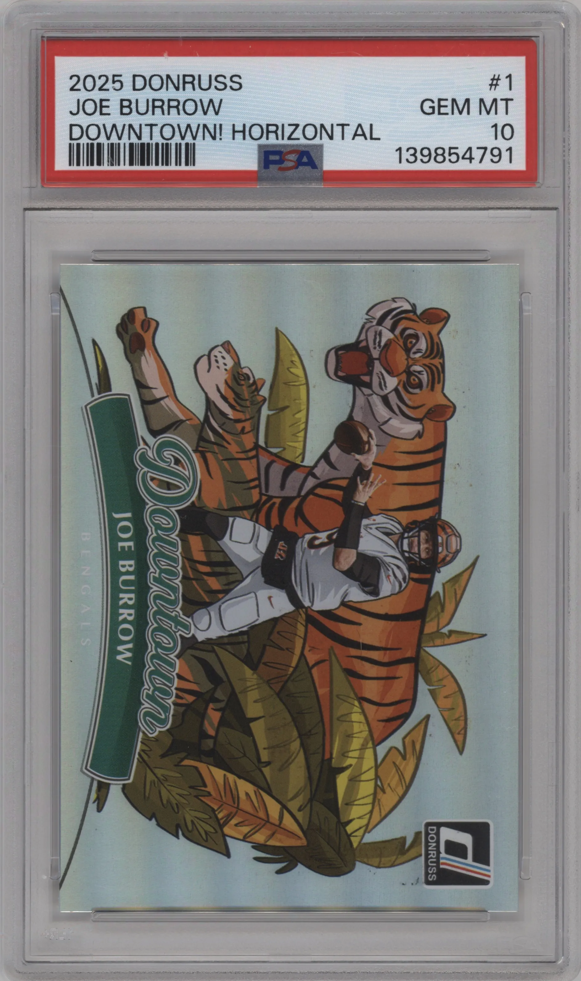 Joe Burrow from the 2025 Panini Donruss set graded by PSA and given an overall grade of 10.