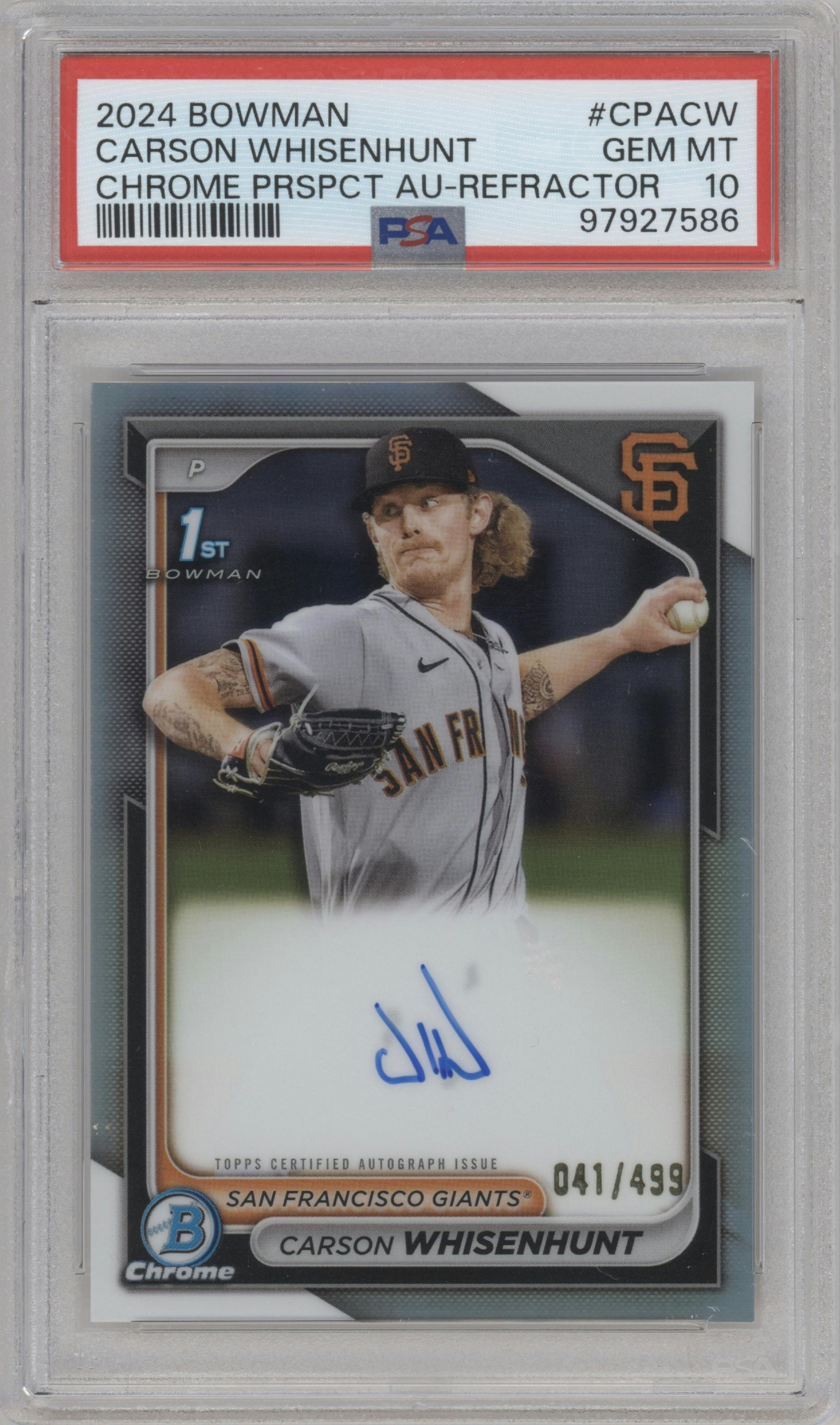 Carson Whisenhunt from the 2024 Bowman set featuring a Refractor parallel graded by PSA and given an overall grade of 10.