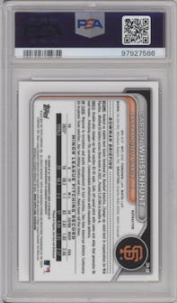 Carson Whisenhunt from the 2024 Bowman set featuring a Refractor parallel graded by PSA and given an overall grade of 10.