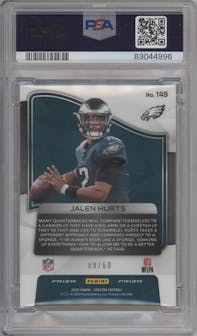 Jalen Hurts from the 2020 Panini Spectra set featuring a Neon Blue parallel graded by PSA and given an overall grade of 9.
