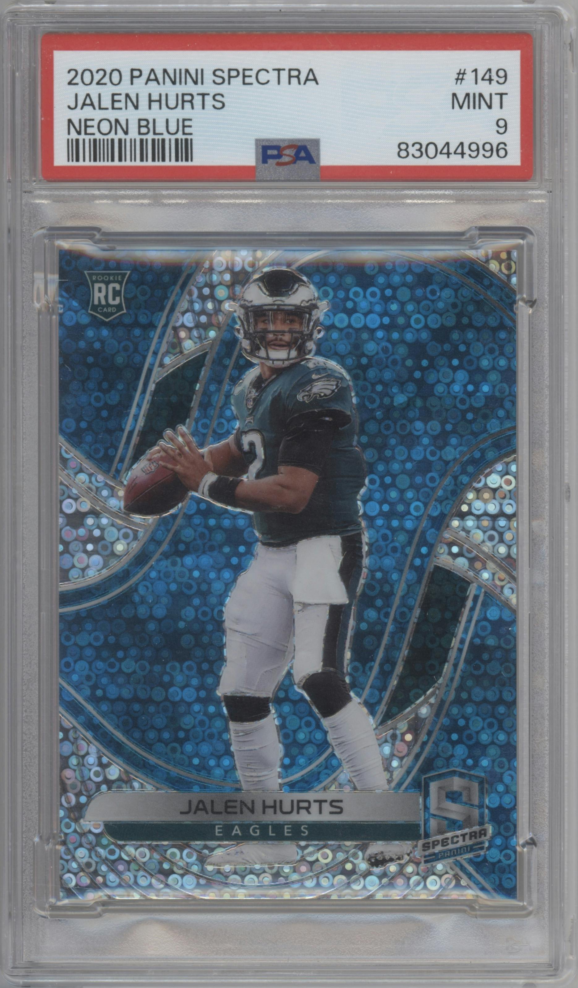 Jalen Hurts from the 2020 Panini Spectra set featuring a Neon Blue parallel graded by PSA and given an overall grade of 9.