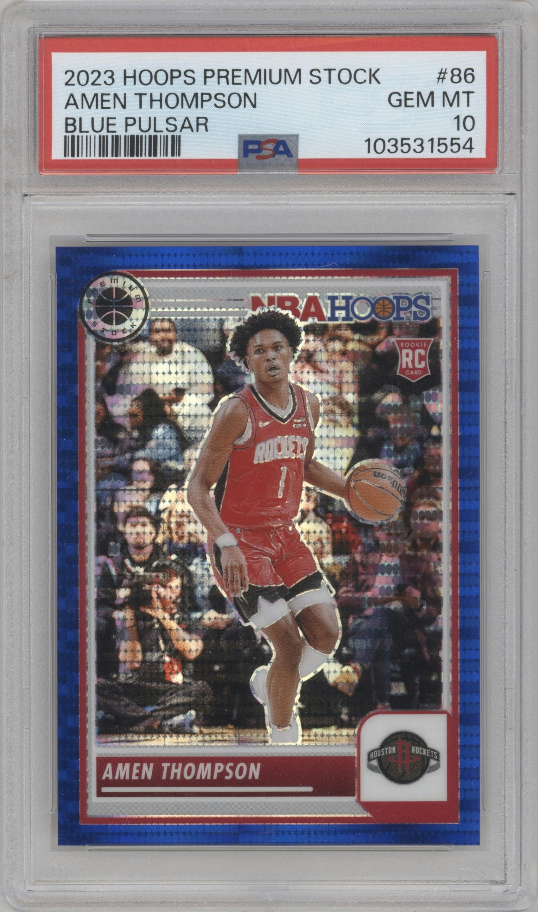 Amen Thompson from the 2023-24 Panini Hoops Premium Stock set featuring a Blue Pulsar Prizm parallel graded by PSA and given an overall grade of 10.