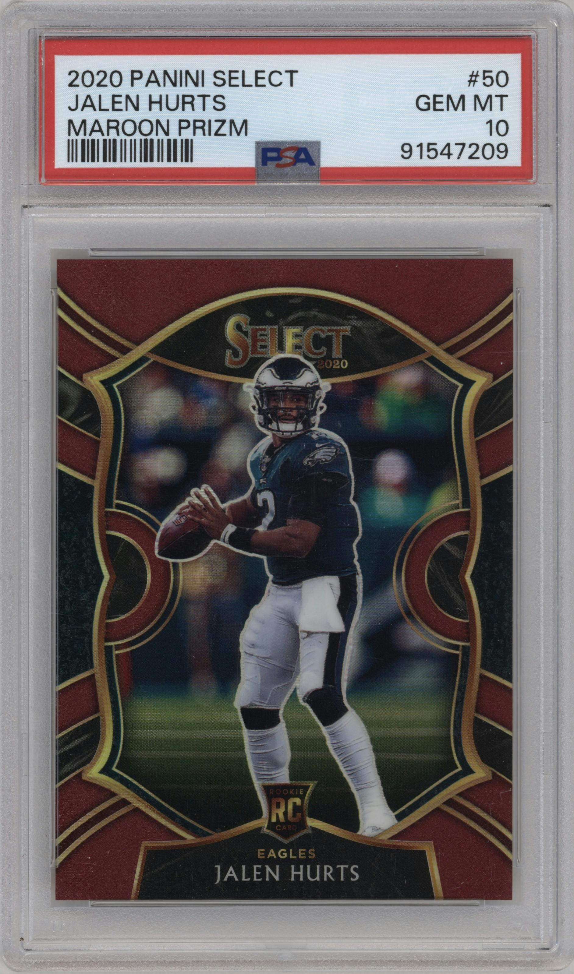 Jalen Hurts from the 2020 Panini Select set featuring a Maroon Prizm parallel graded by PSA and given an overall grade of 10.