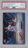 Jack Flaherty from the 2018 Topps Chrome set featuring a Blue Wave Refractor parallel graded by PSA and given an overall grade of 10.