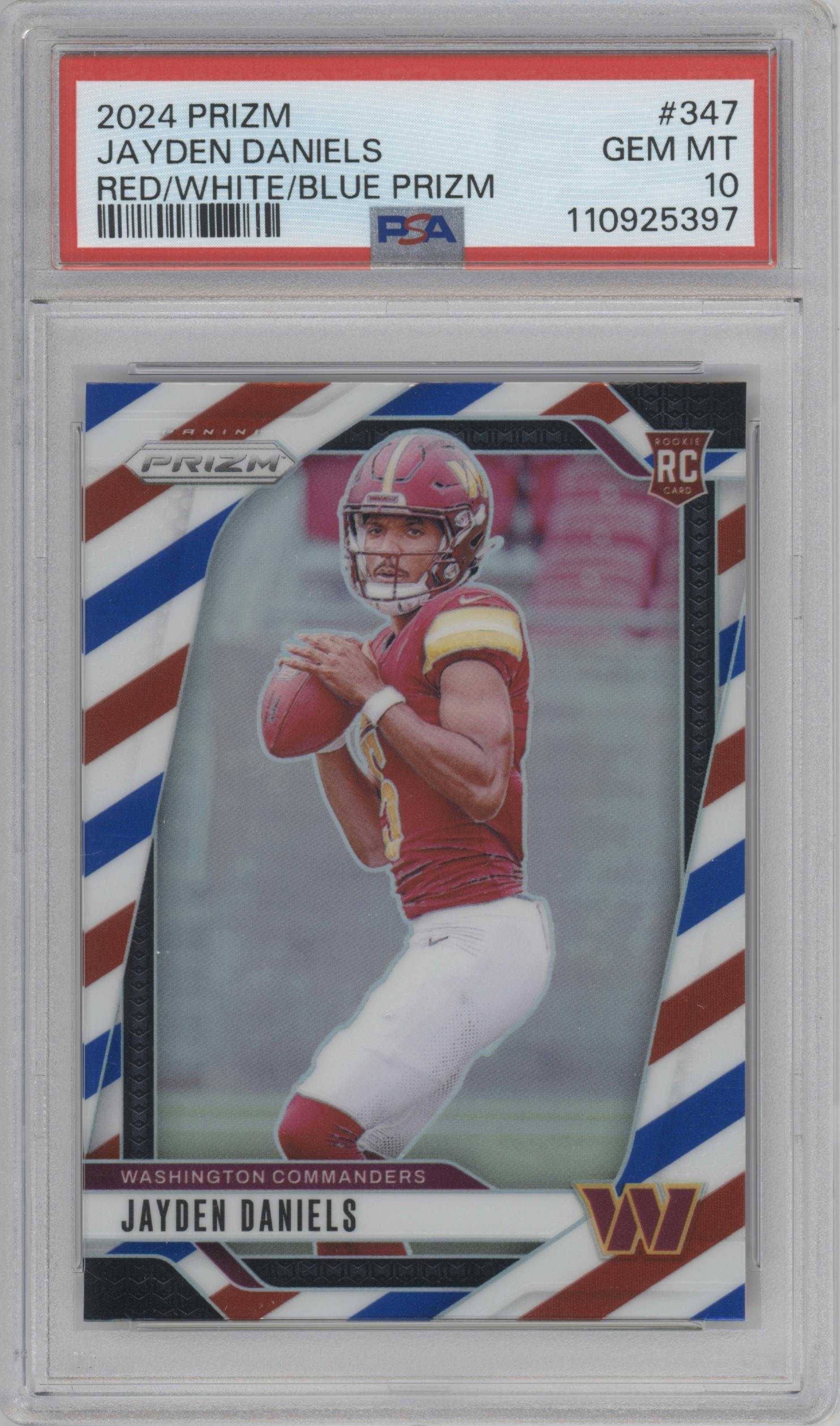Jayden Daniels from the 2024 Panini Prizm set featuring a Red/White/Blue Prizm parallel graded by PSA and given an overall grade of 10.