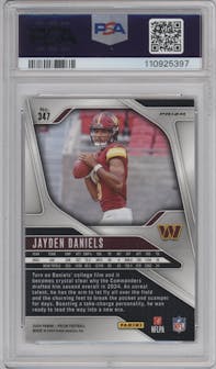 Jayden Daniels from the 2024 Panini Prizm set featuring a Red/White/Blue Prizm parallel graded by PSA and given an overall grade of 10.