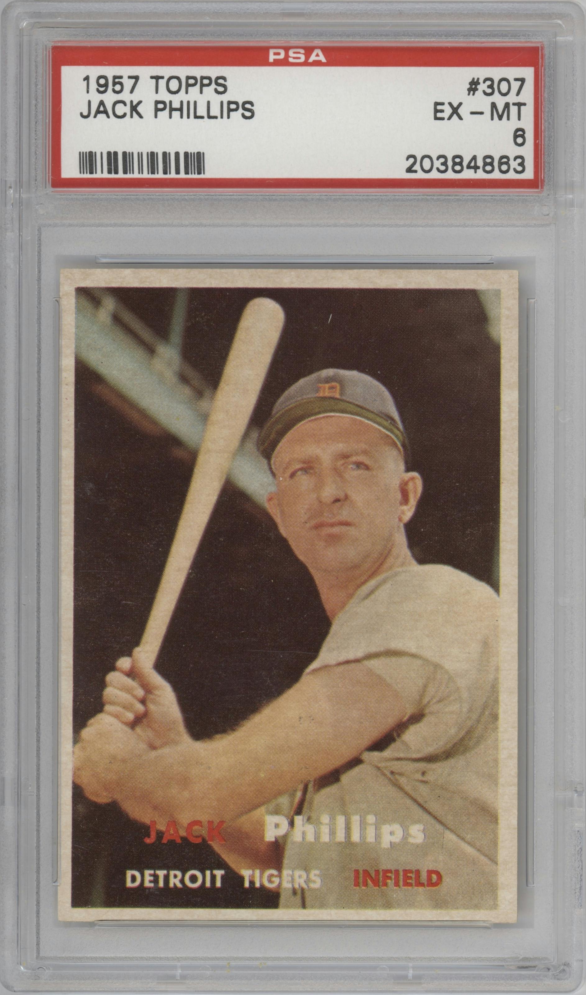 Jack Phillips from the 1957 Topps set graded by PSA and given an overall grade of 6.