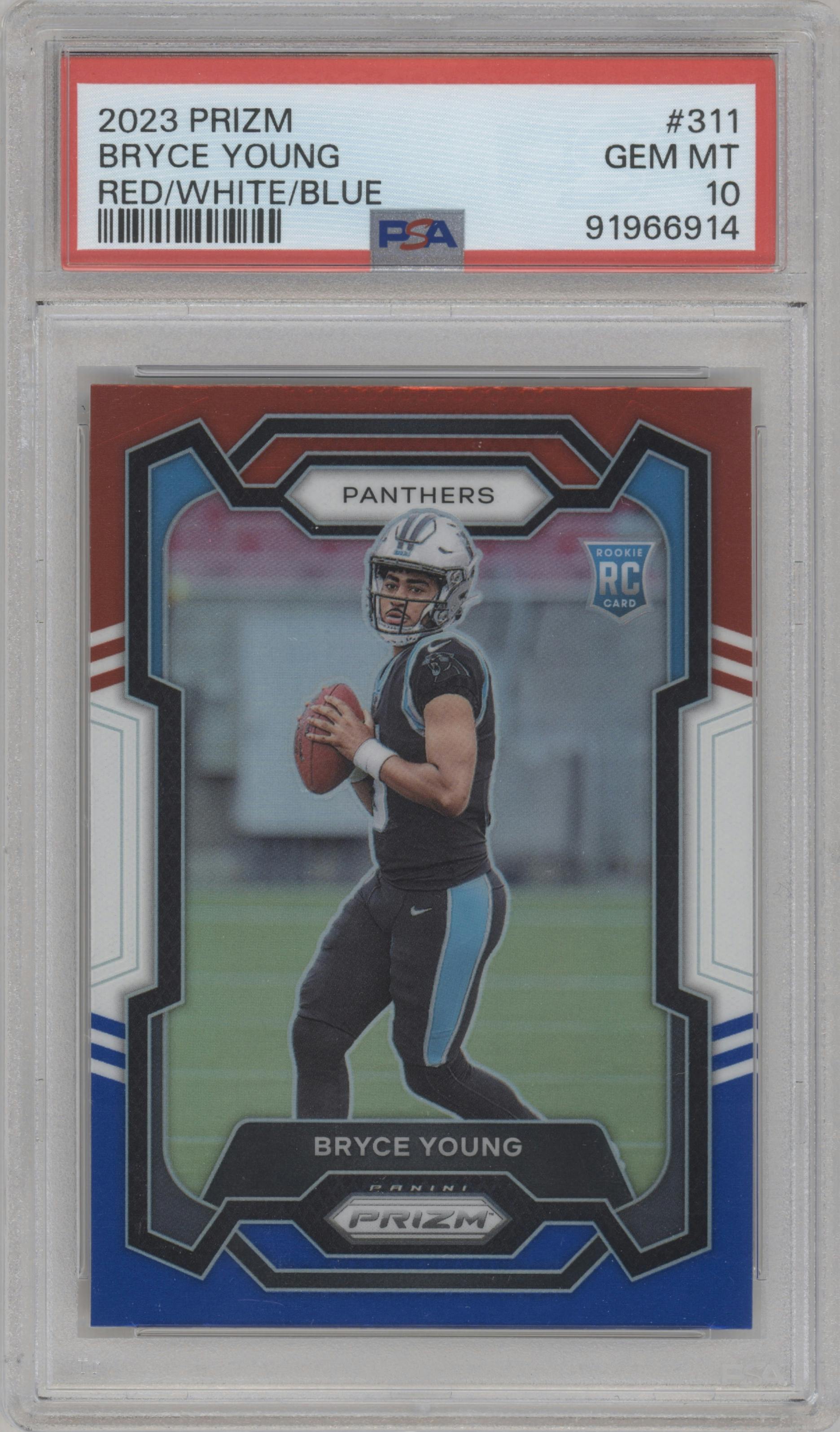 Bryce Young from the 2023 Panini Prizm set featuring a Red White Blue Prizm parallel graded by PSA and given an overall grade of 10.
