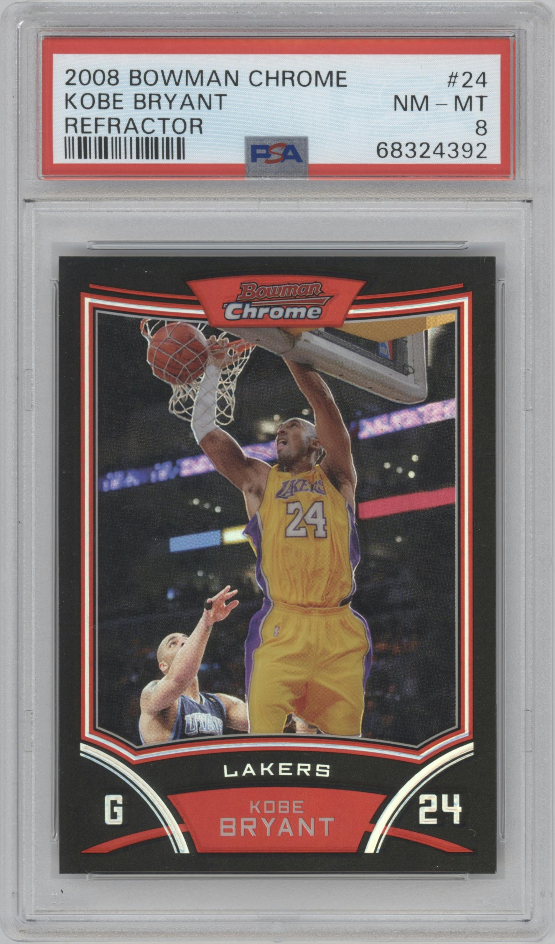 Kobe Bryant from the 2008-09 Bowman Chrome set featuring a Refractor parallel graded by PSA and given an overall grade of 8.