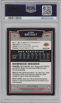 Kobe Bryant from the 2008-09 Bowman Chrome set featuring a Refractor parallel graded by PSA and given an overall grade of 8.