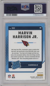 Marvin Harrison Jr. from the 2024 Donruss set featuring a Red and Green parallel graded by PSA and given an overall grade of 10.