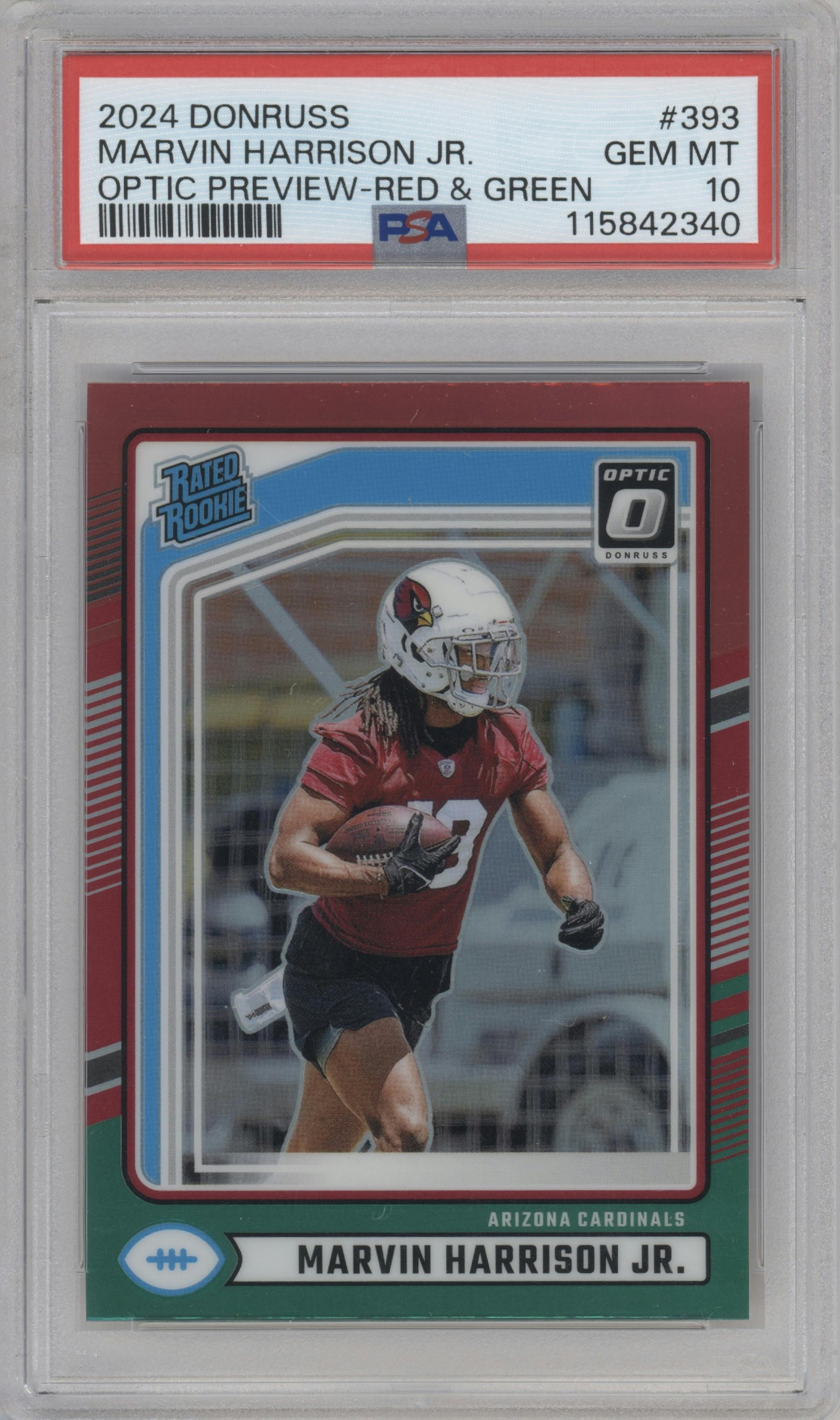 Marvin Harrison Jr. from the 2024 Donruss set featuring a Red and Green parallel graded by PSA and given an overall grade of 10.