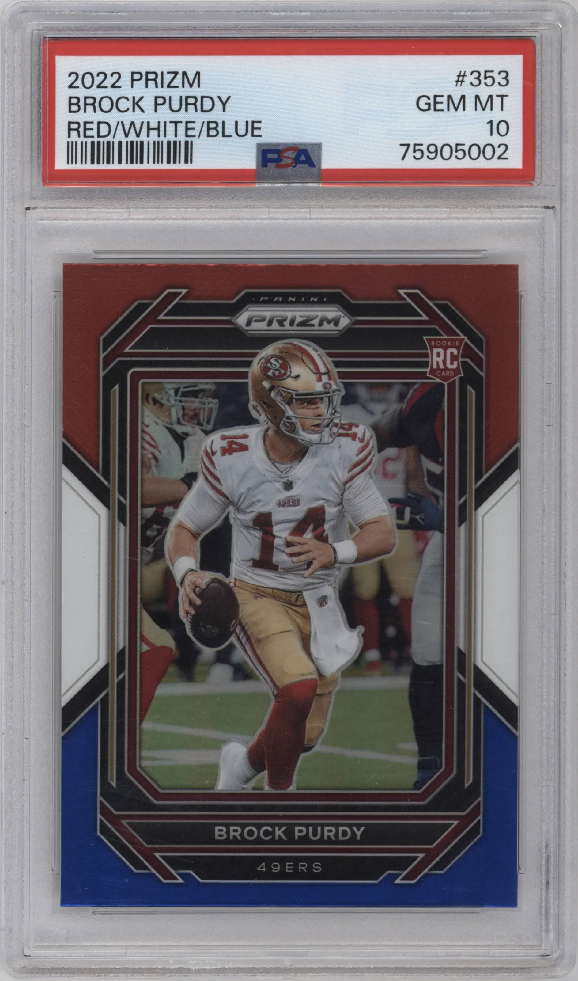 2022 Panini Prizm Brock Purdy Red/White/Blue Prizm #353 PSA 10