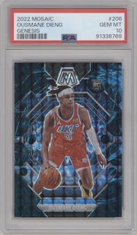 Ousmane Dieng from the 2022-23 Panini Mosaic set featuring a Genesis parallel graded by PSA and given an overall grade of 10.