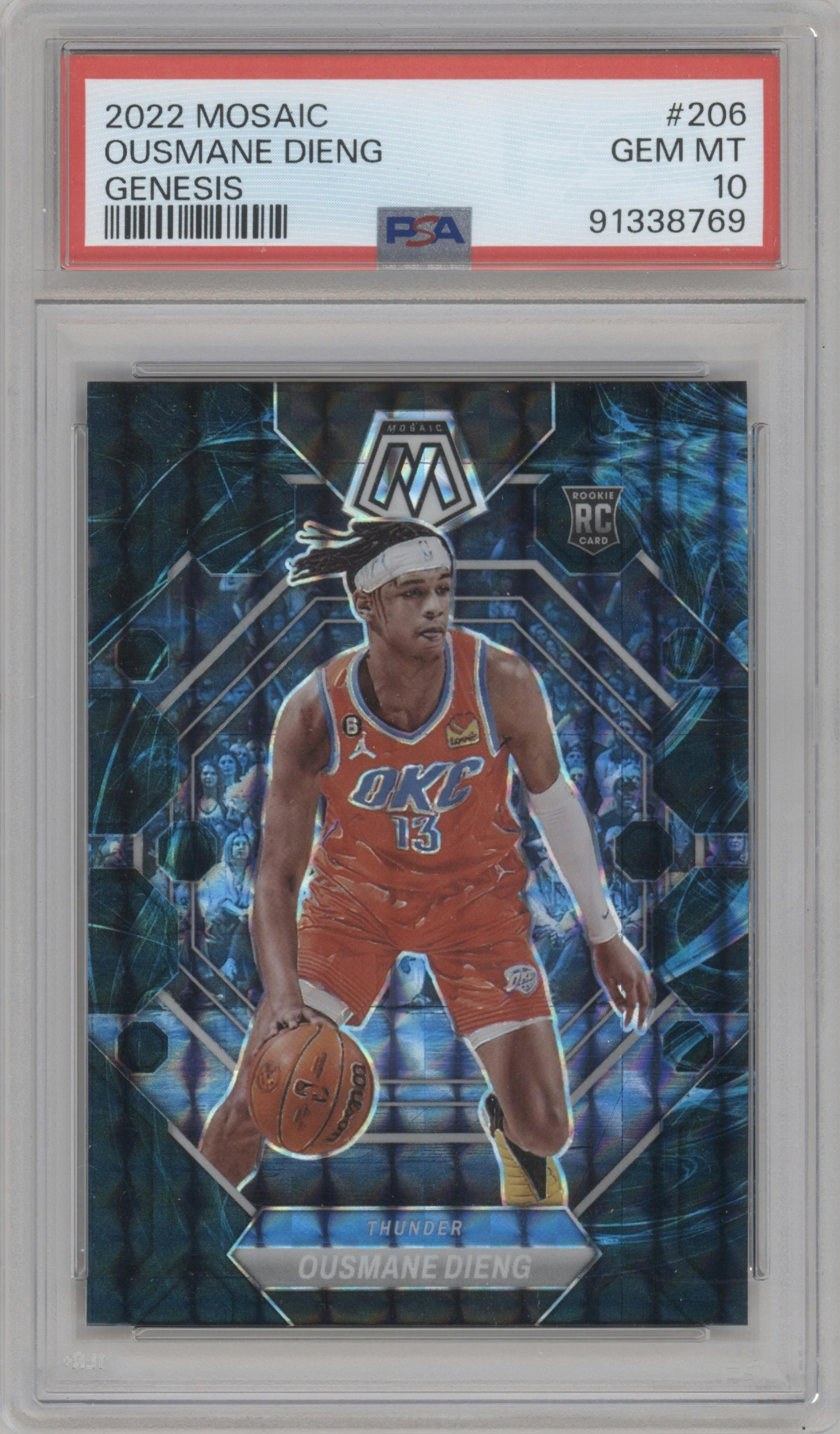 Ousmane Dieng from the 2022-23 Panini Mosaic set featuring a Genesis parallel graded by PSA and given an overall grade of 10.