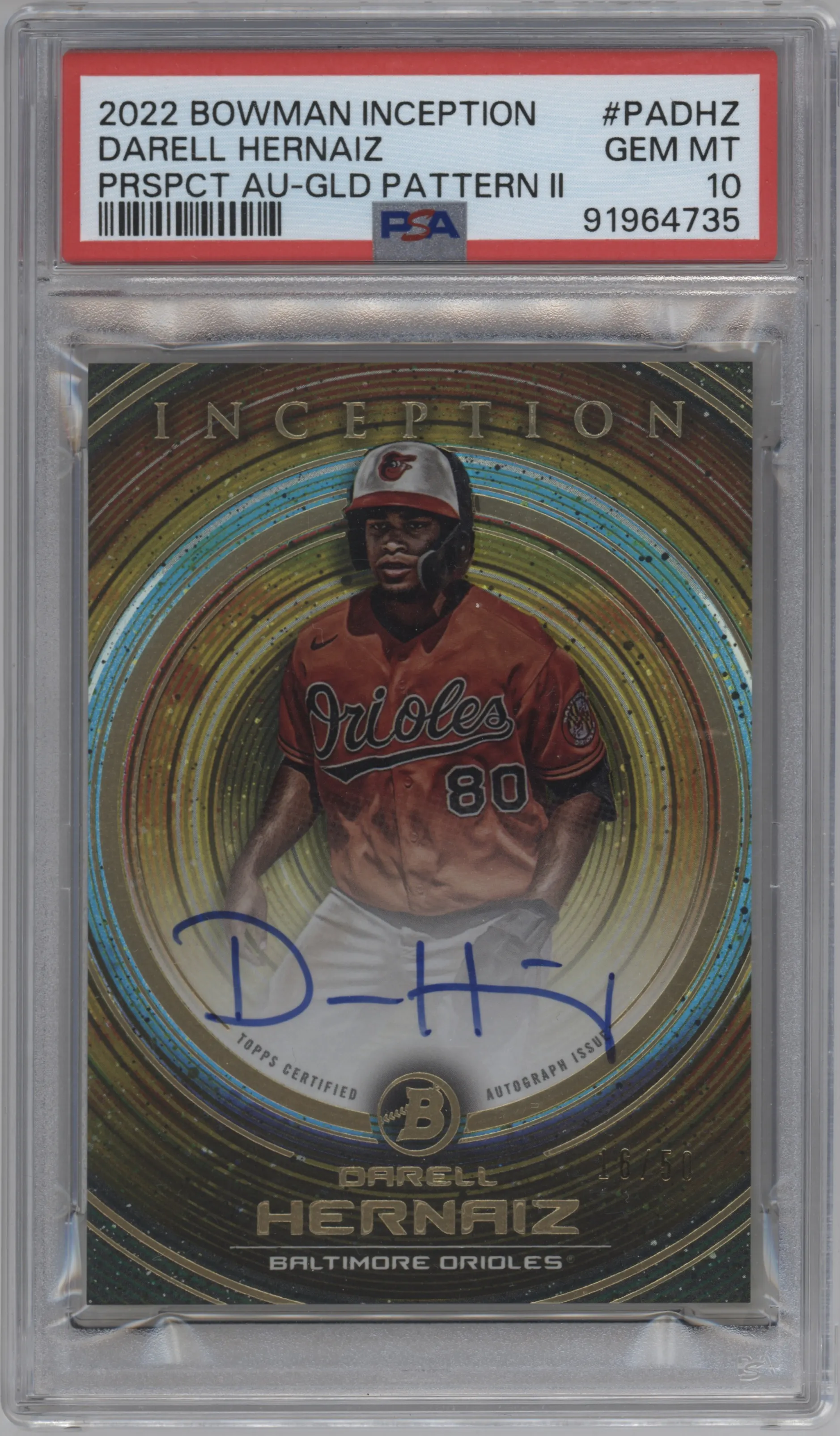 2022 Bowman Inception Pros.Auto Darell Hernaiz Gold Pattern II #PA-DHZ PSA 10