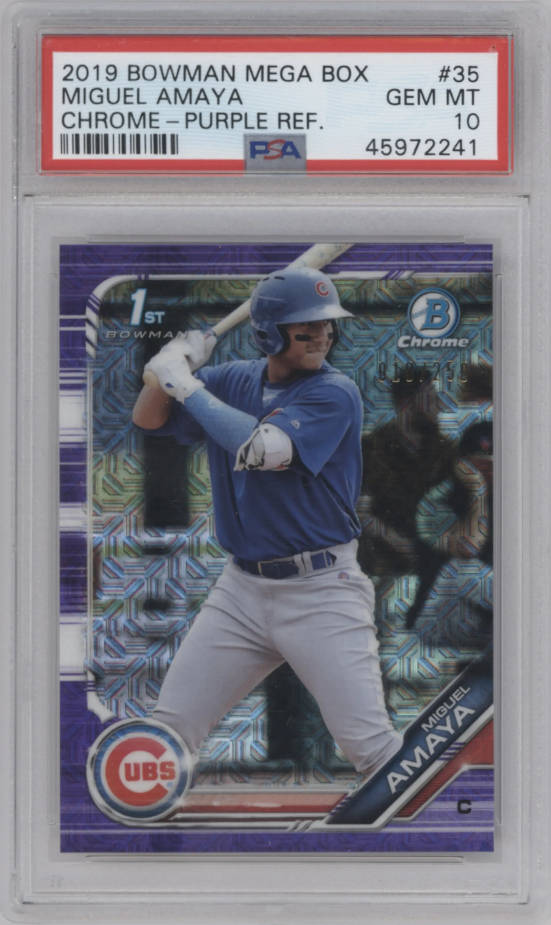 2019 Bowman Mega Box Chrome Miguel Amaya Purple Refractor PSA 10