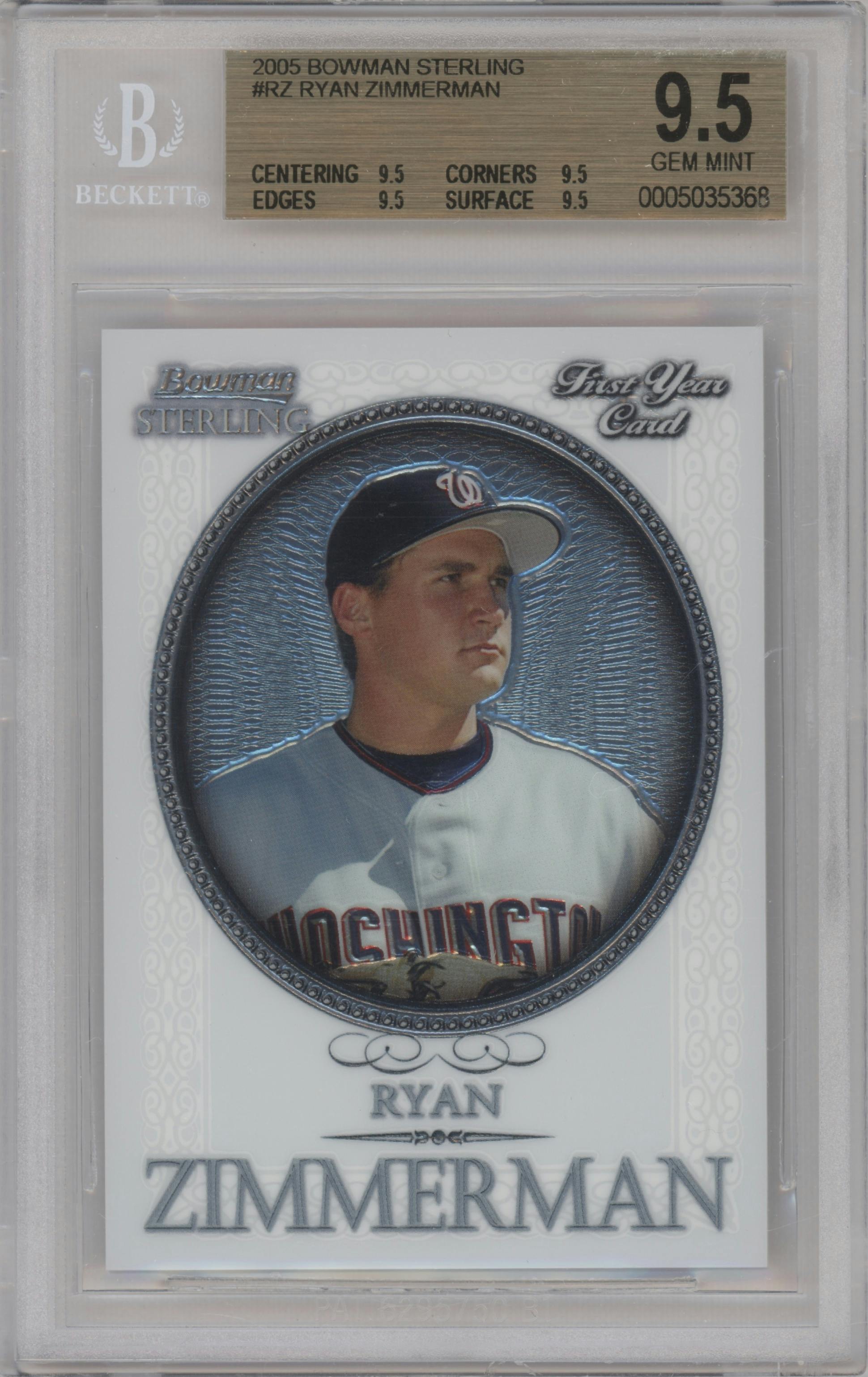 Ryan Zimmerman from the 2005 Bowman Sterling set graded by Beckett and given an overall grade of 9.5.