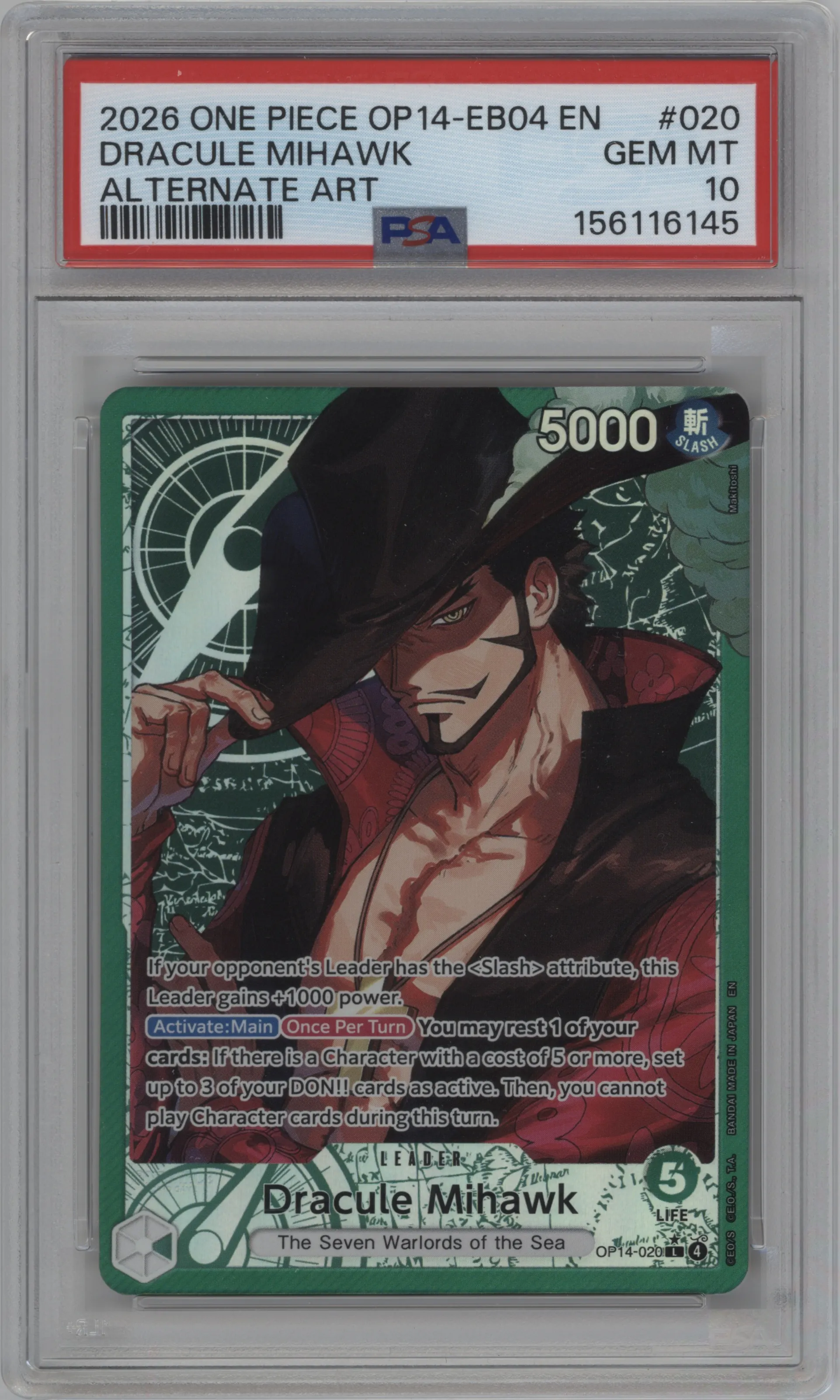 2026 One Piece The Azure Sea's Seven Dracule Mihawk Alternate Art PSA 10