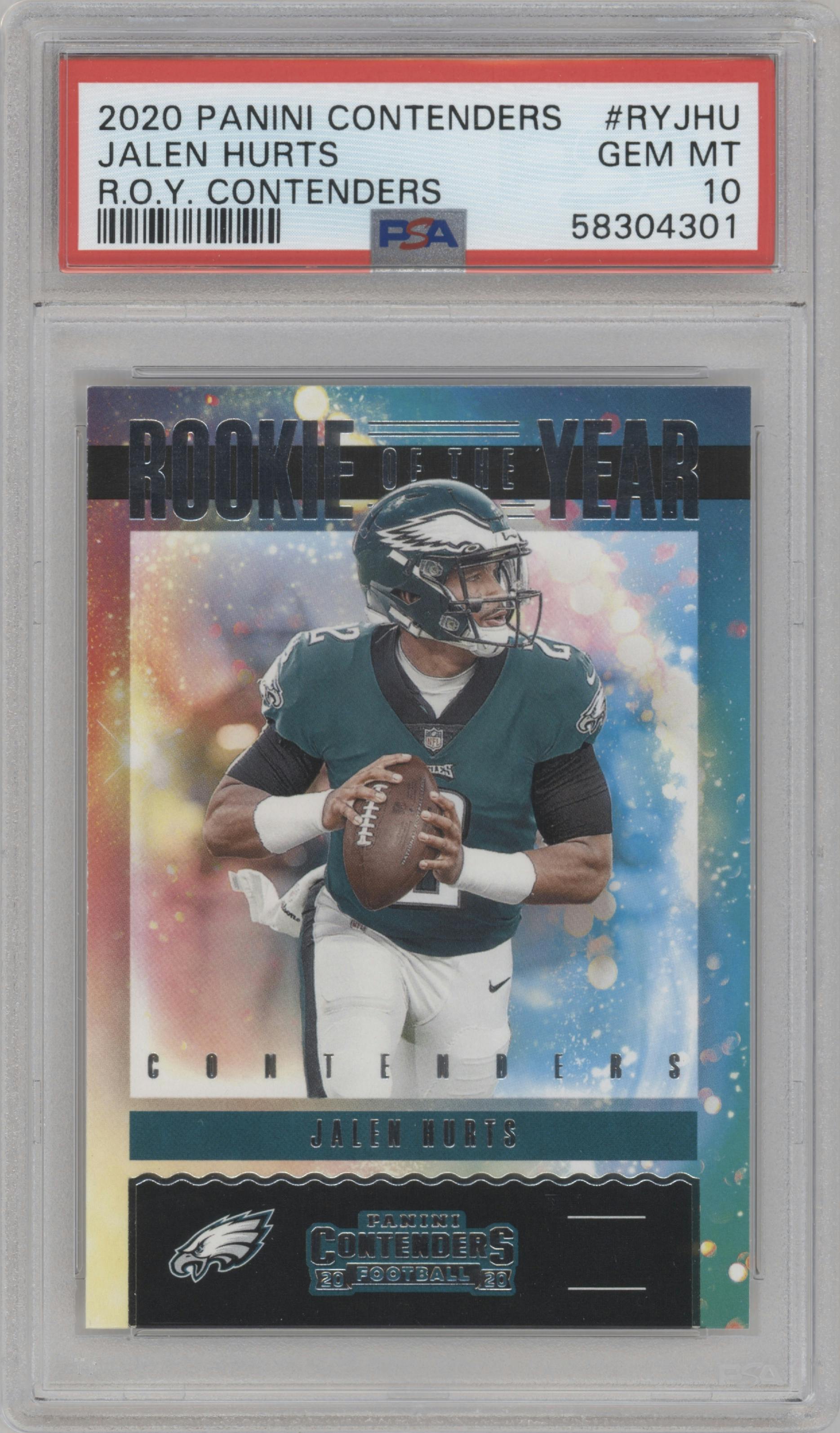 Jalen Hurts from the 2020 Panini Contenders set graded by PSA and given an overall grade of 10.