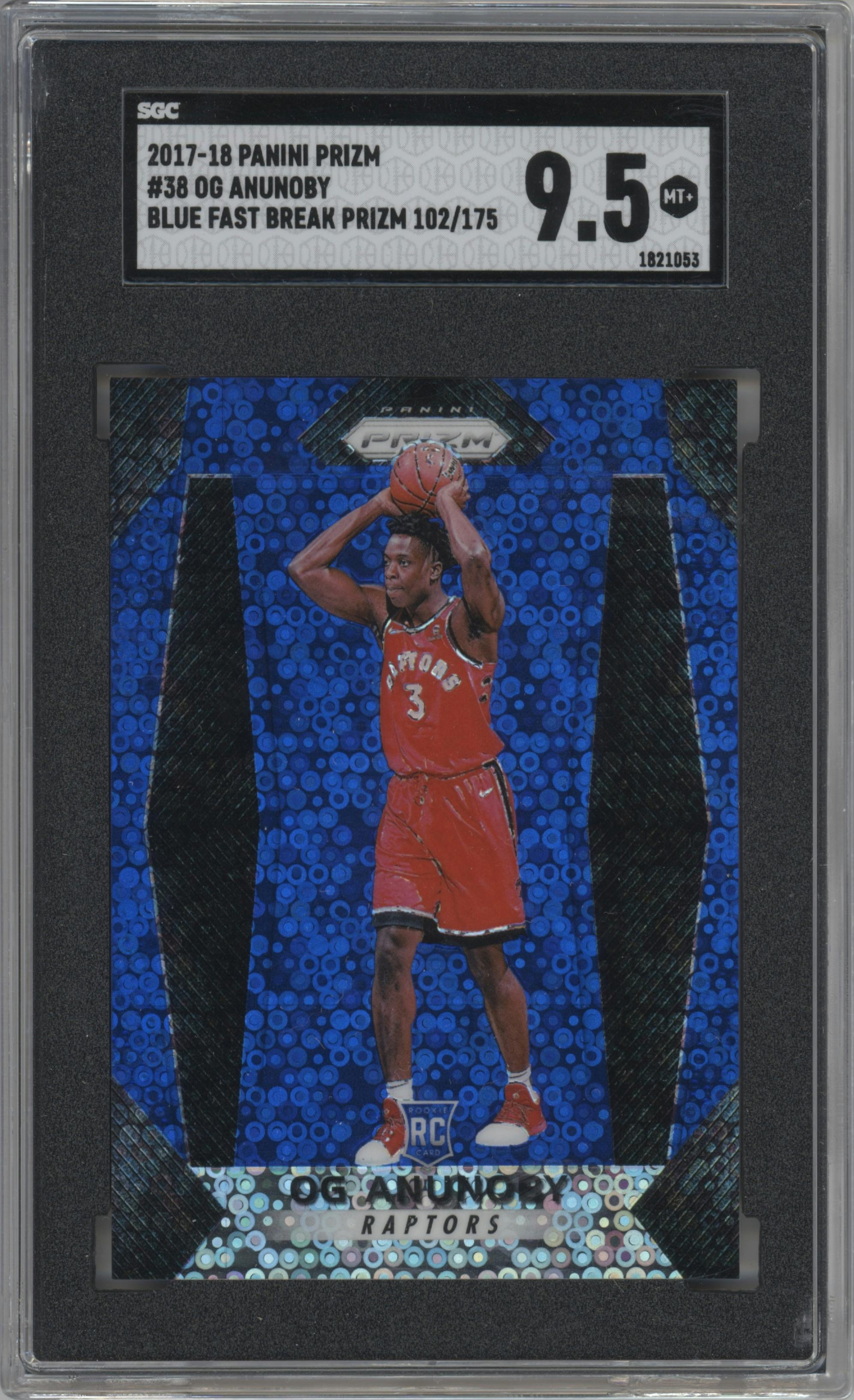 OG Anunoby from the 2017-18 Panini Prizm  set featuring a Fast Break Blue parallel graded by SGC and given an overall grade of 9.5.
