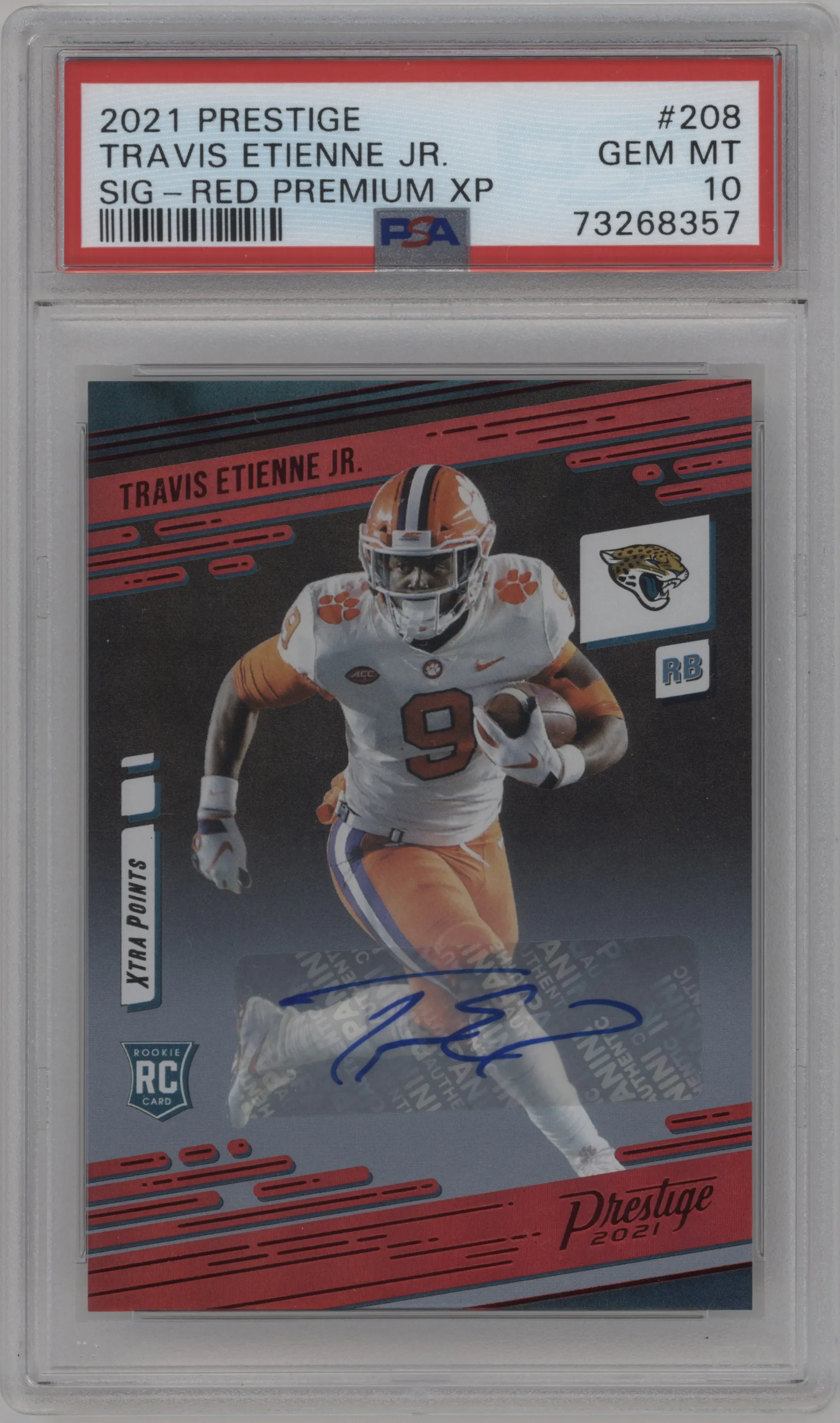 2021 Panini Prestige Rke.Xtra Pts.Sig.Prem. Travis Etienne Jr. Red #208 PSA 10