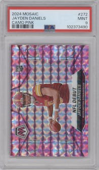 Jayden Daniels from the 2024 Panini Mosaic set featuring a Pink Camo parallel graded by PSA and given an overall grade of 9.