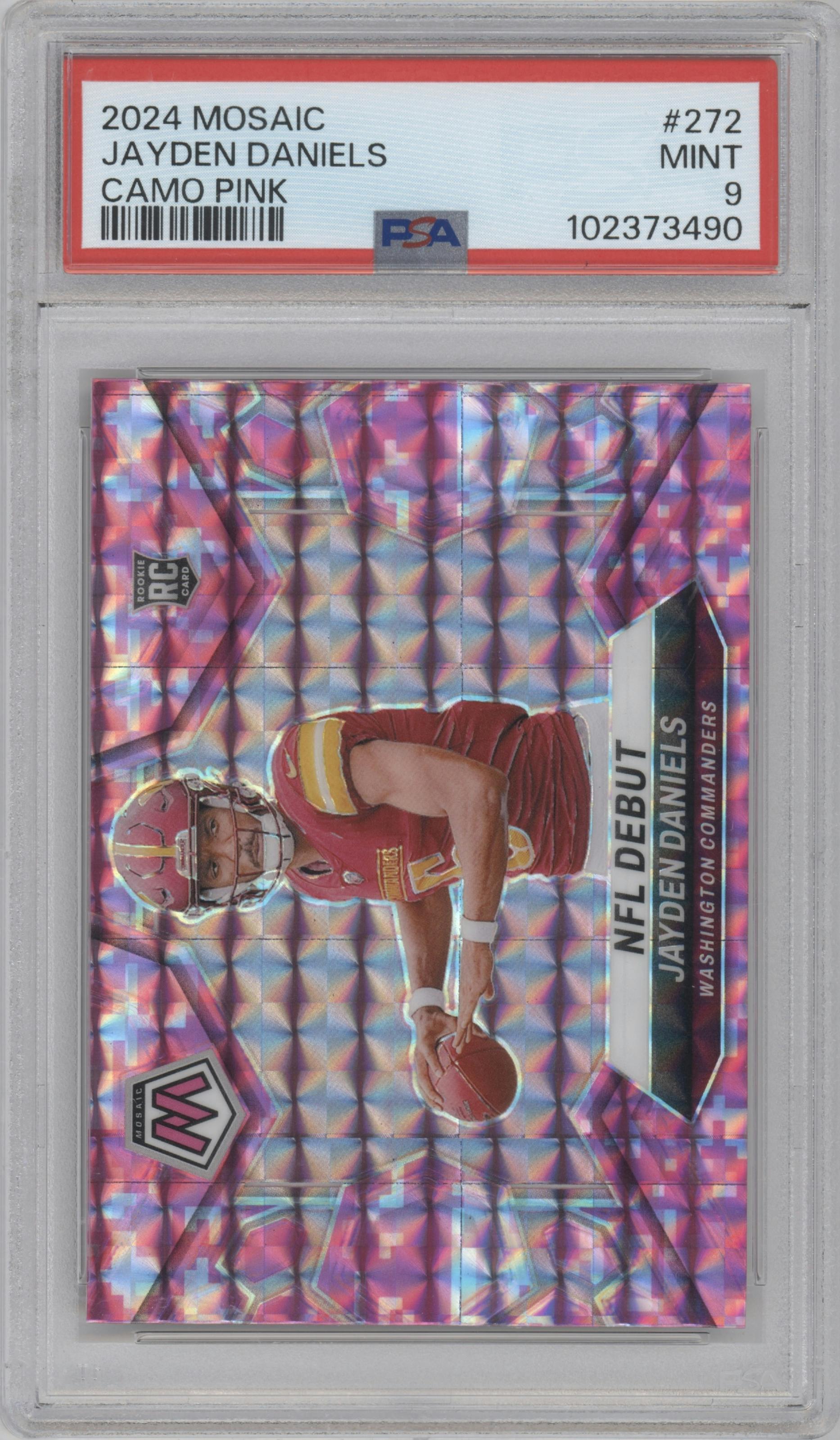 Jayden Daniels from the 2024 Panini Mosaic set featuring a Pink Camo parallel graded by PSA and given an overall grade of 9.
