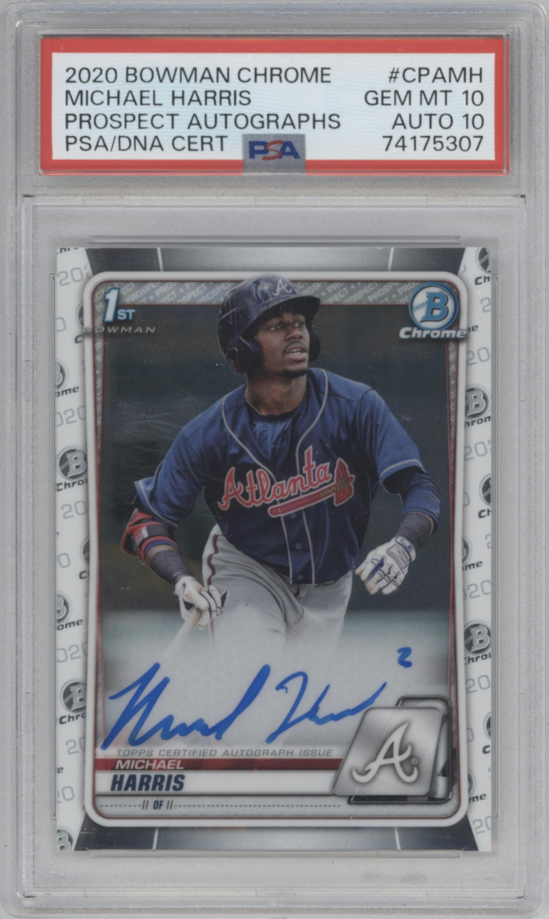 Michael Harris from the 2020 Bowman Chrome set graded by PSA and given an overall grade of 10.