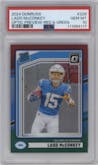 Ladd McConkey from the 2024 Donruss set featuring a Red and Green parallel graded by PSA and given an overall grade of 10.