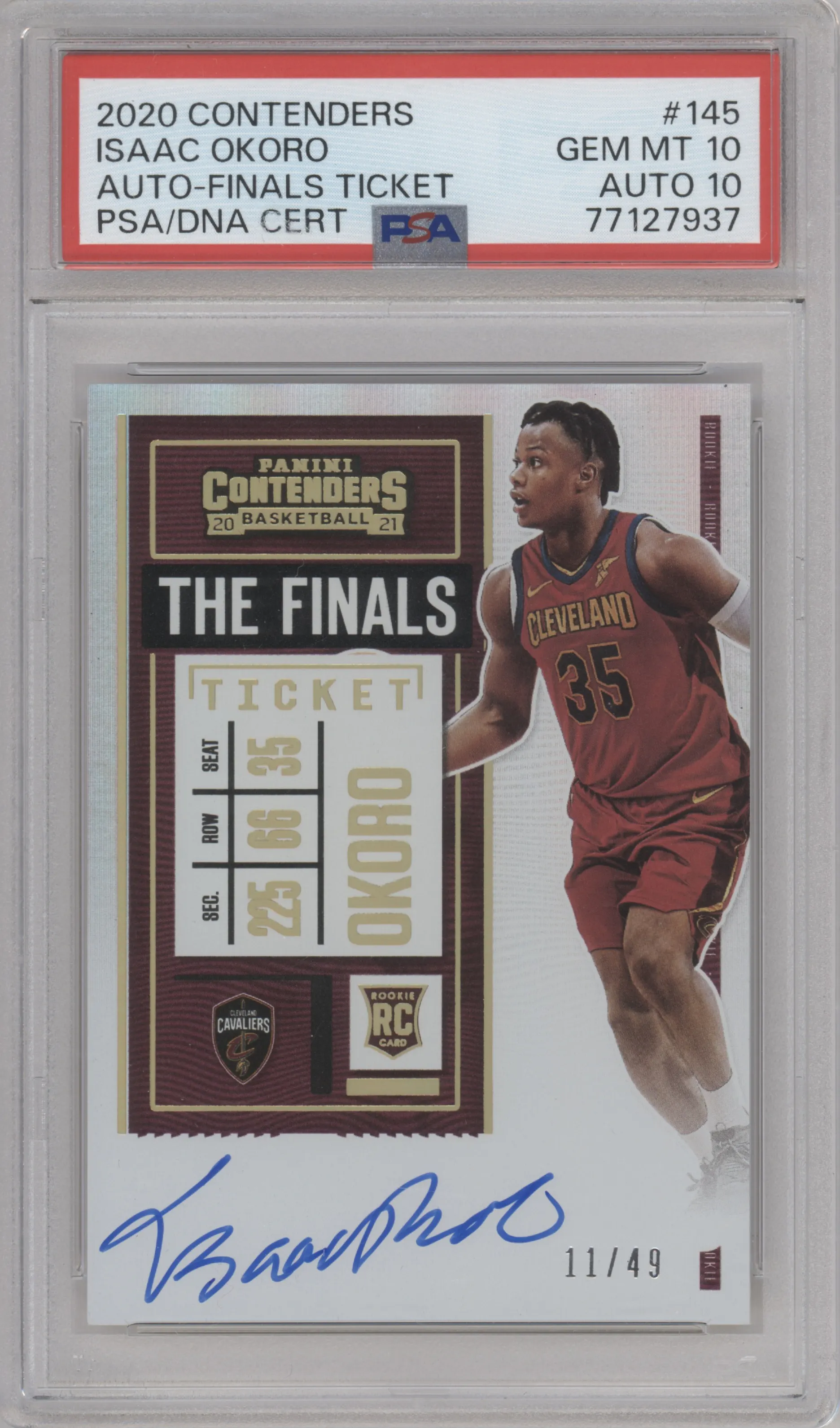 Isaac Okoro from the 2020-21 Panini Contenders set featuring a Finals parallel graded by PSA and given an overall grade of 10.