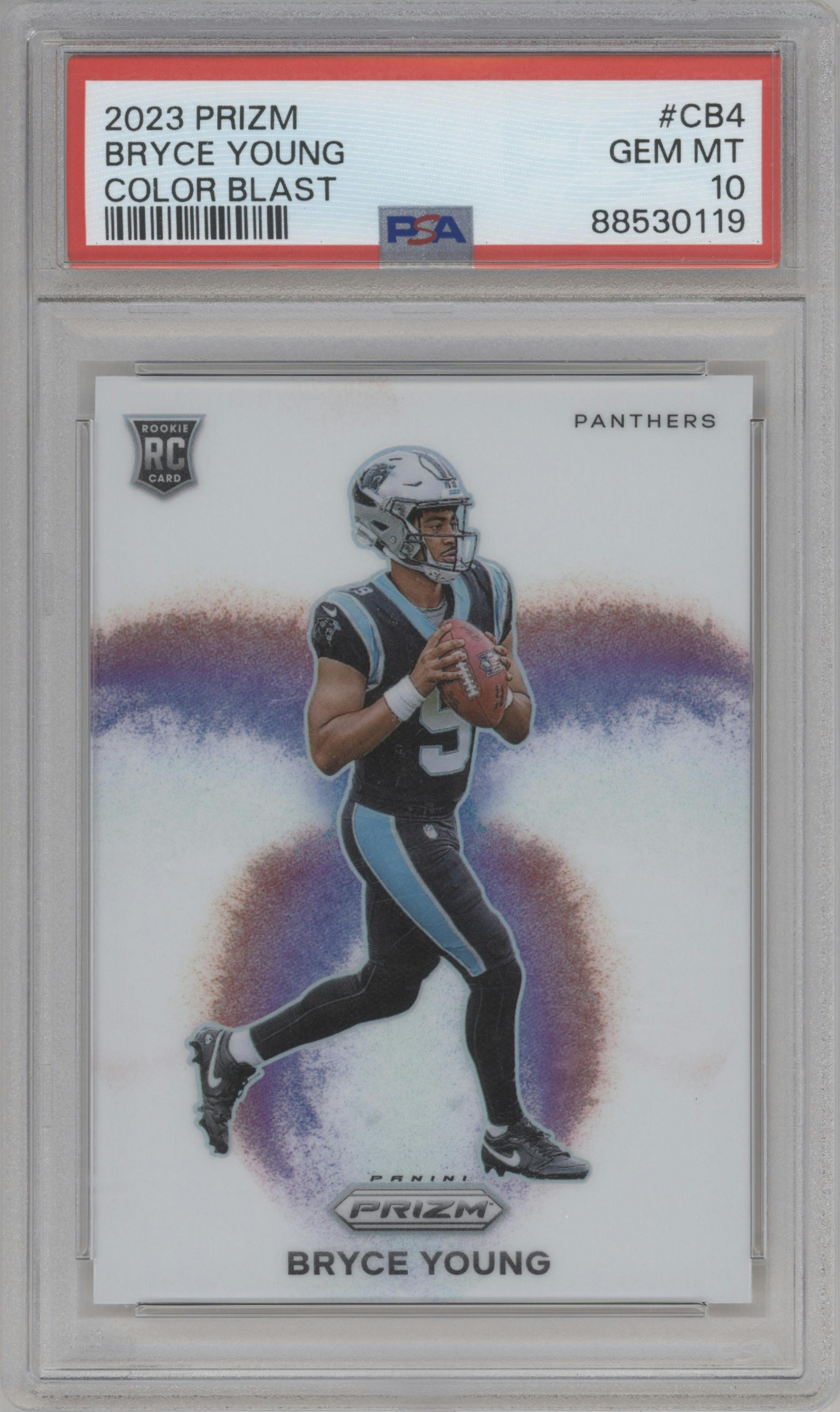 Bryce Young from the 2023 Panini Prizm set graded by PSA and given an overall grade of 10.