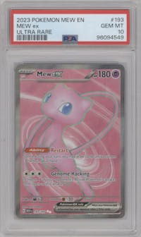 Mew EX from the 2023 Pokemon SV set graded by PSA and given an overall grade of 10.