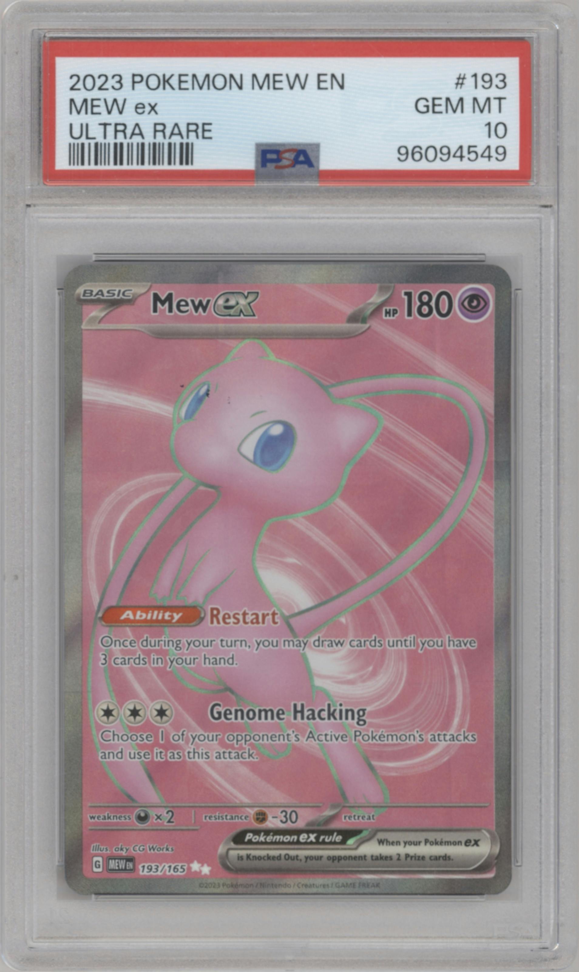 Mew EX from the 2023 Pokemon SV set graded by PSA and given an overall grade of 10.