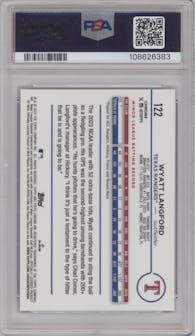 Wyatt Langford from the 2024 Topps Chrome set featuring a Blue Refractor parallel graded by PSA and given an overall grade of 9.
