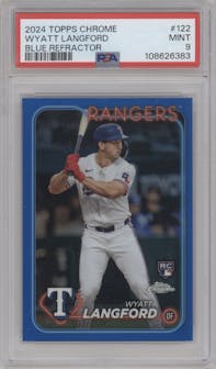 Wyatt Langford from the 2024 Topps Chrome set featuring a Blue Refractor parallel graded by PSA and given an overall grade of 9.