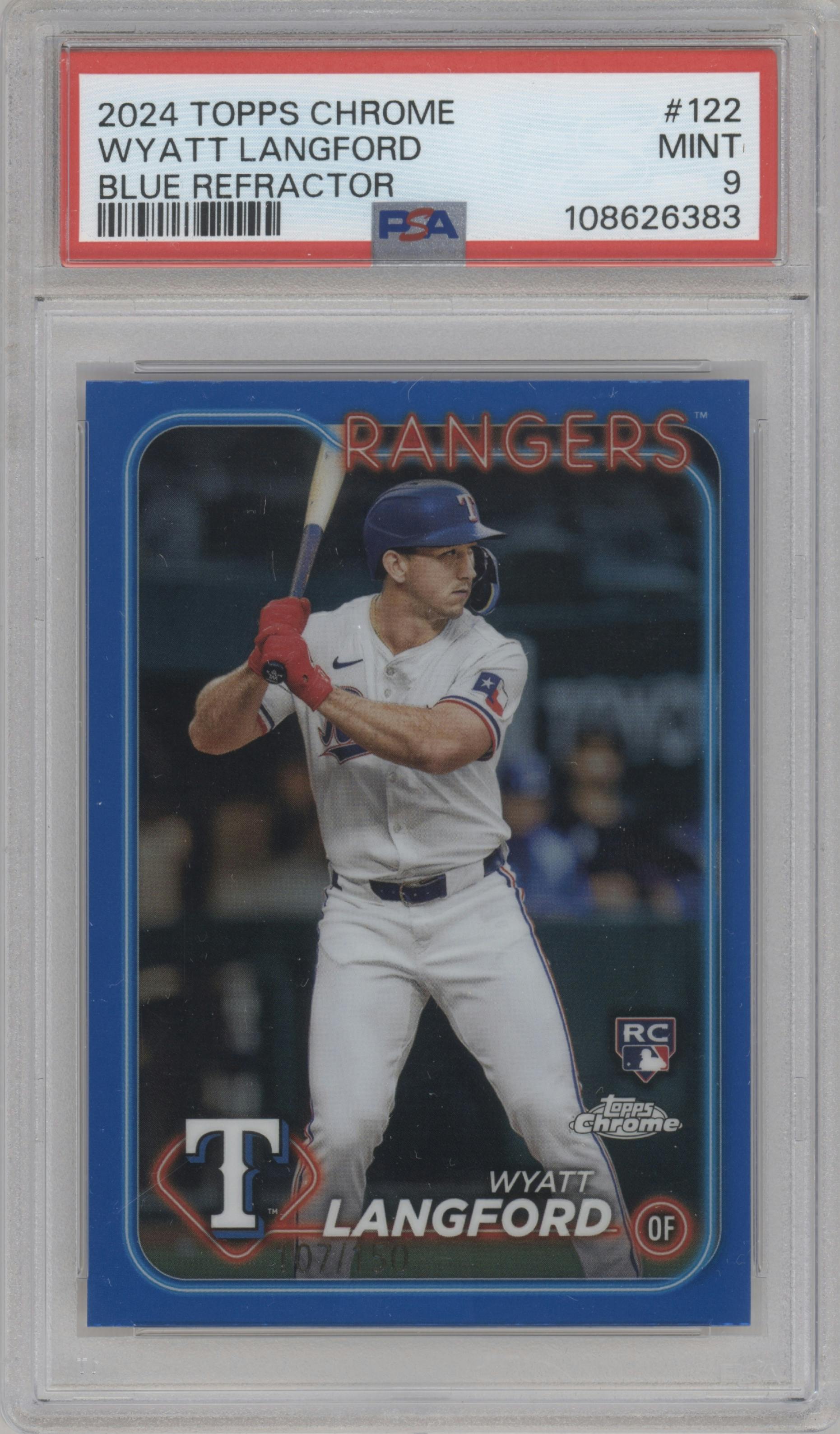 Wyatt Langford from the 2024 Topps Chrome set featuring a Blue Refractor parallel graded by PSA and given an overall grade of 9.