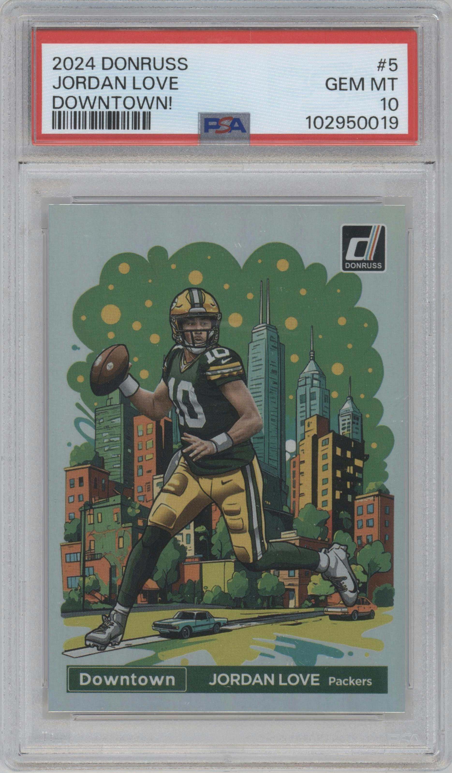 Jordan Love from the 2024 Donruss set graded by PSA and given an overall grade of 10.