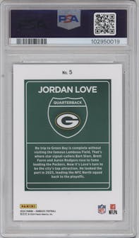 Jordan Love from the 2024 Donruss set graded by PSA and given an overall grade of 10.