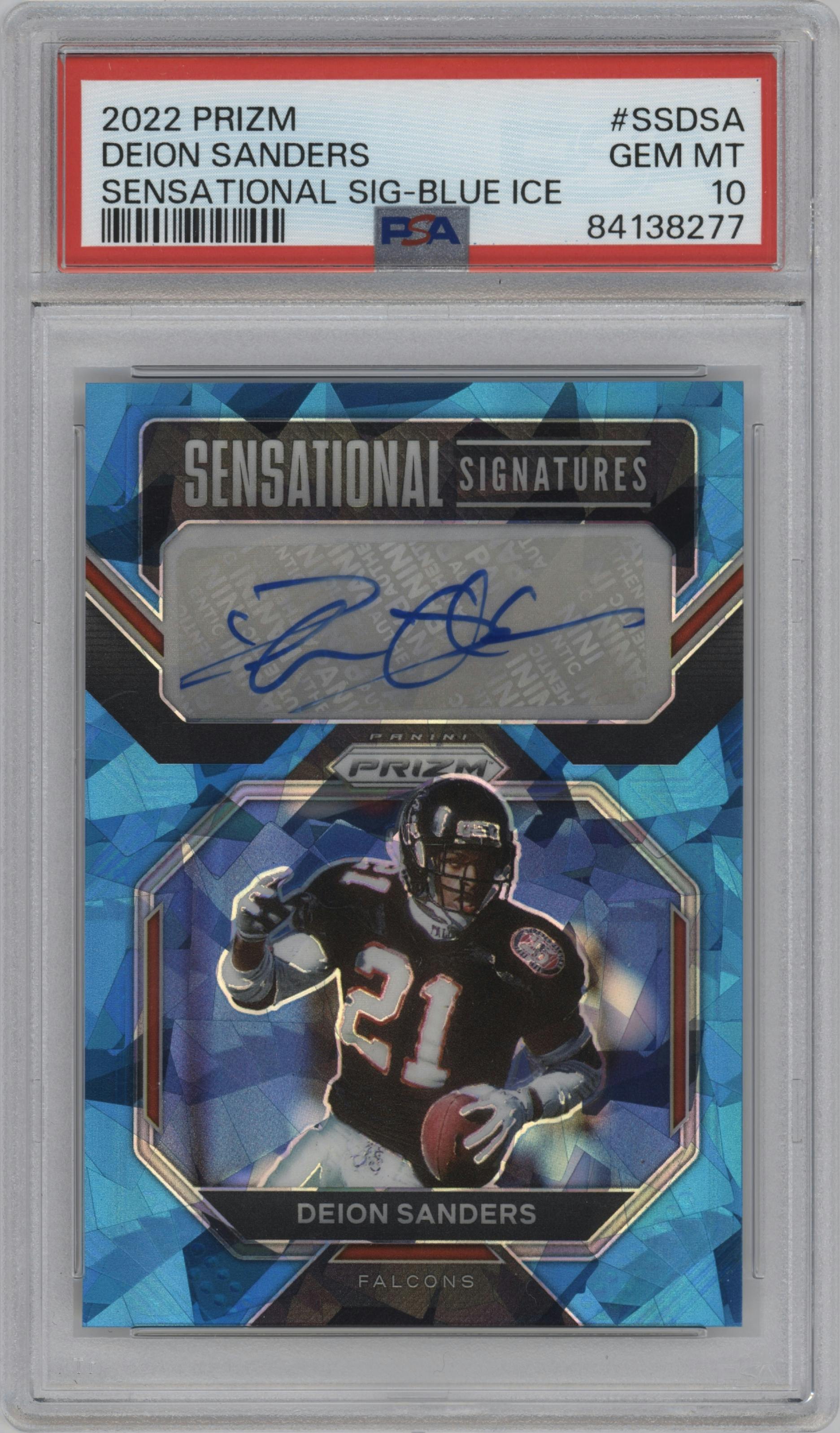 Deion Sanders from the 2022 Panini Prizm set featuring a Blue Ice parallel graded by PSA and given an overall grade of 10.