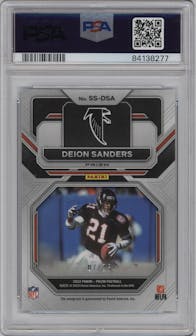 Deion Sanders from the 2022 Panini Prizm set featuring a Blue Ice parallel graded by PSA and given an overall grade of 10.