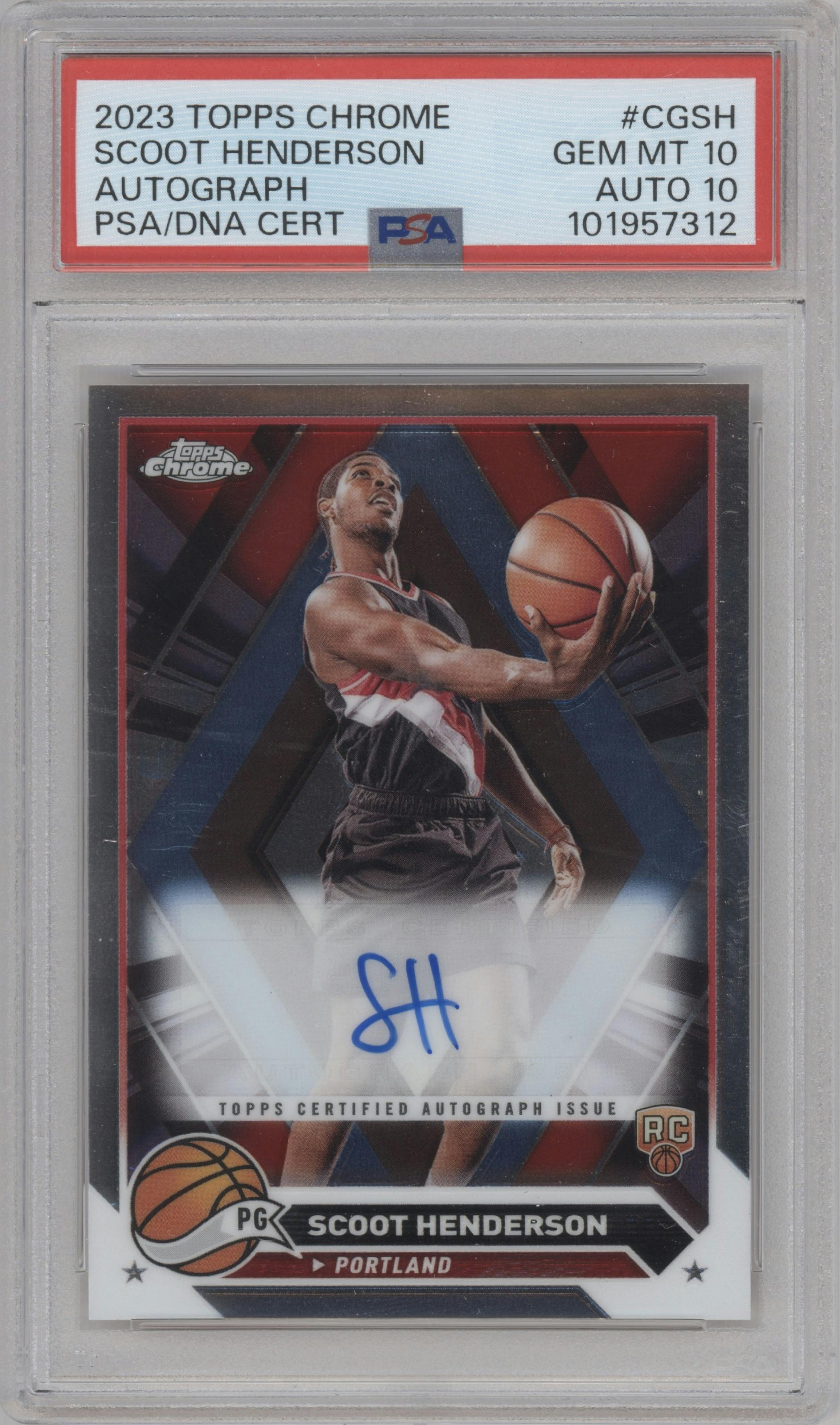 Scoot Henderson from the 2023-24 Topps Chrome set graded by PSA and given an overall grade of 10.