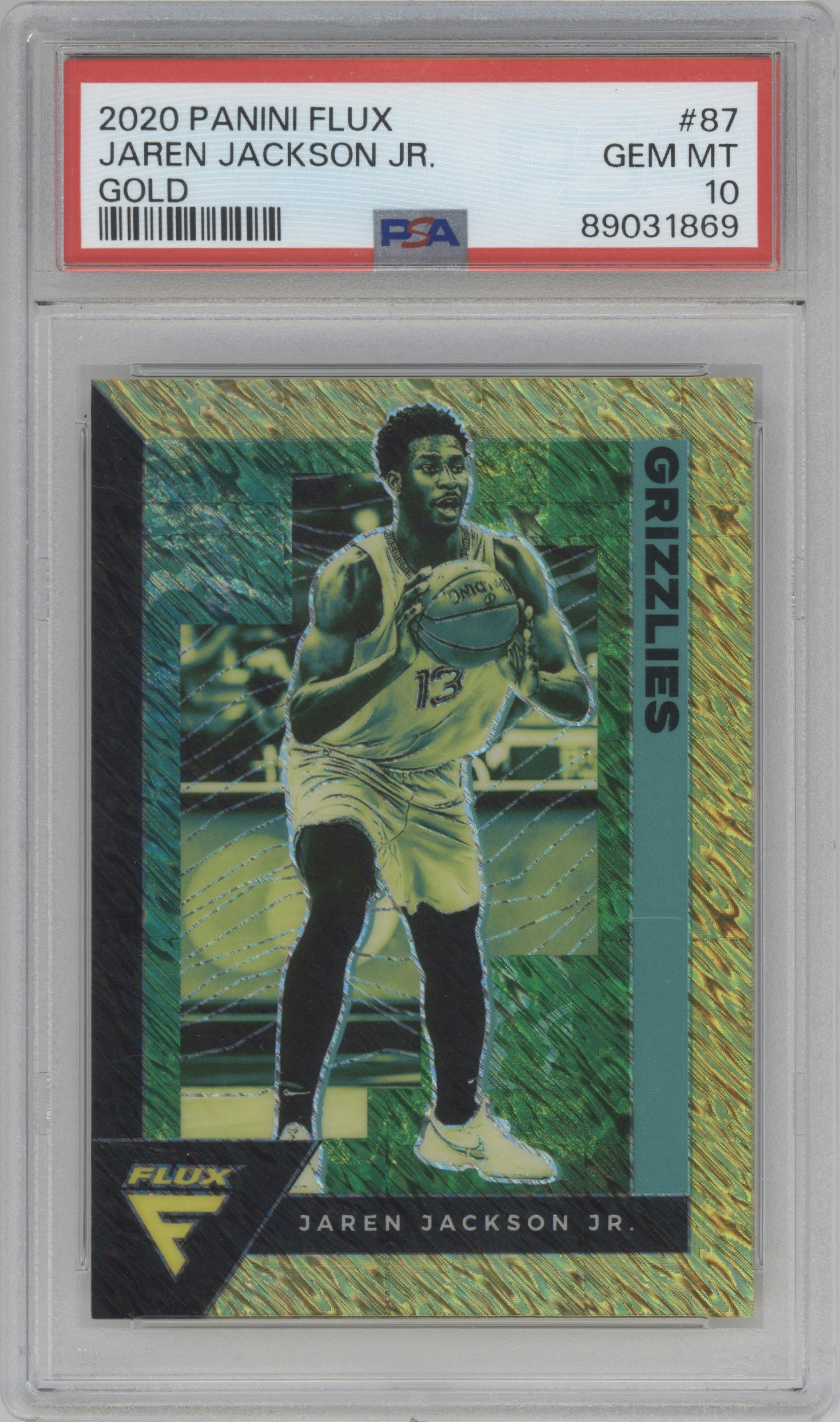 Jaren Jackson Jr. from the 2020-21 Panini Flux set featuring a Gold parallel graded by PSA and given an overall grade of 10.