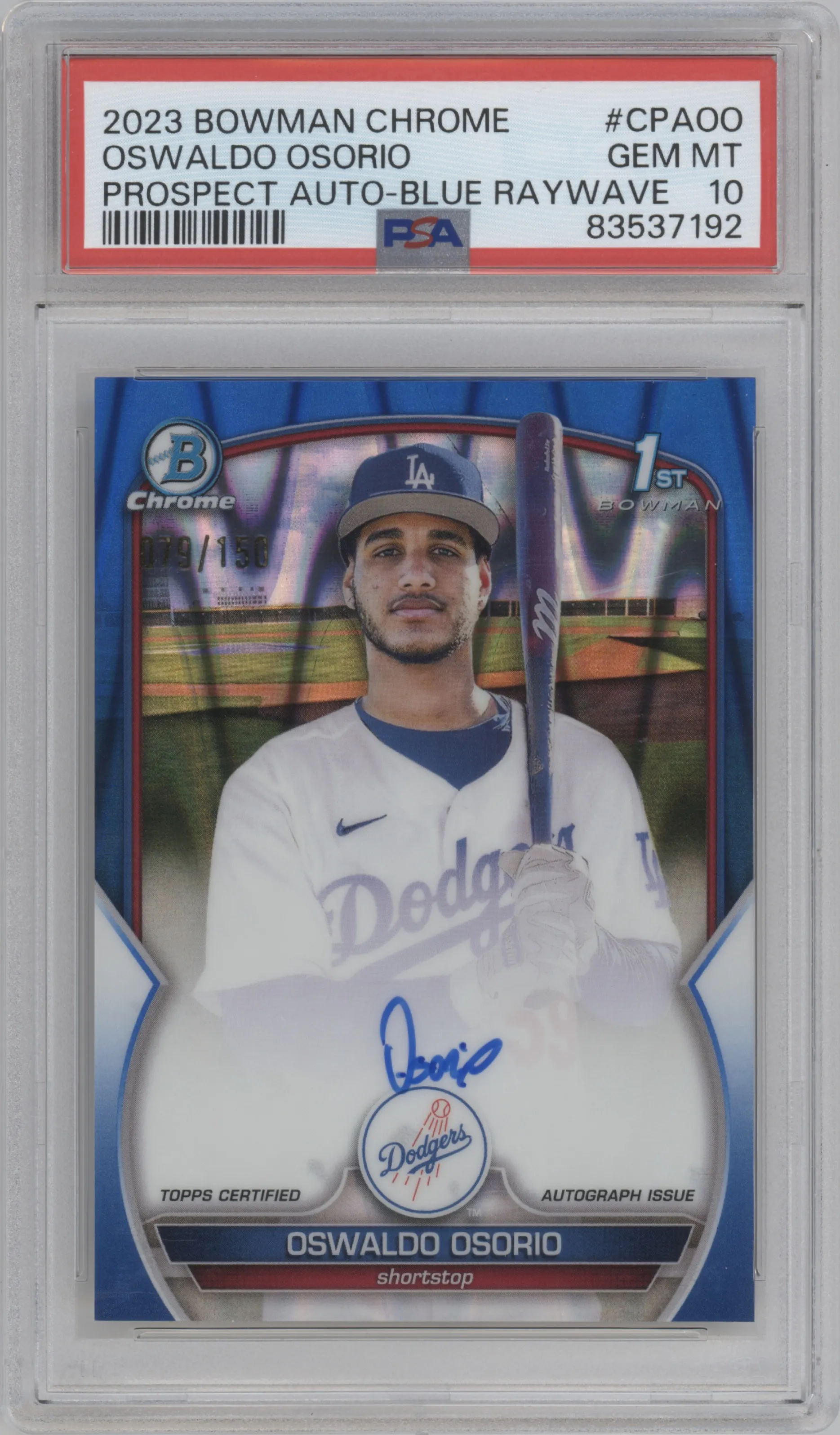 2023 Bowman Chrome Chr.Pros.Auto Oswaldo Osorio Blue RayWave PSA 10