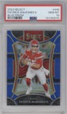 Patrick Mahomes II  from the 2023 Panini Select set featuring a Blue Prizm parallel graded by PSA and given an overall grade of 10.