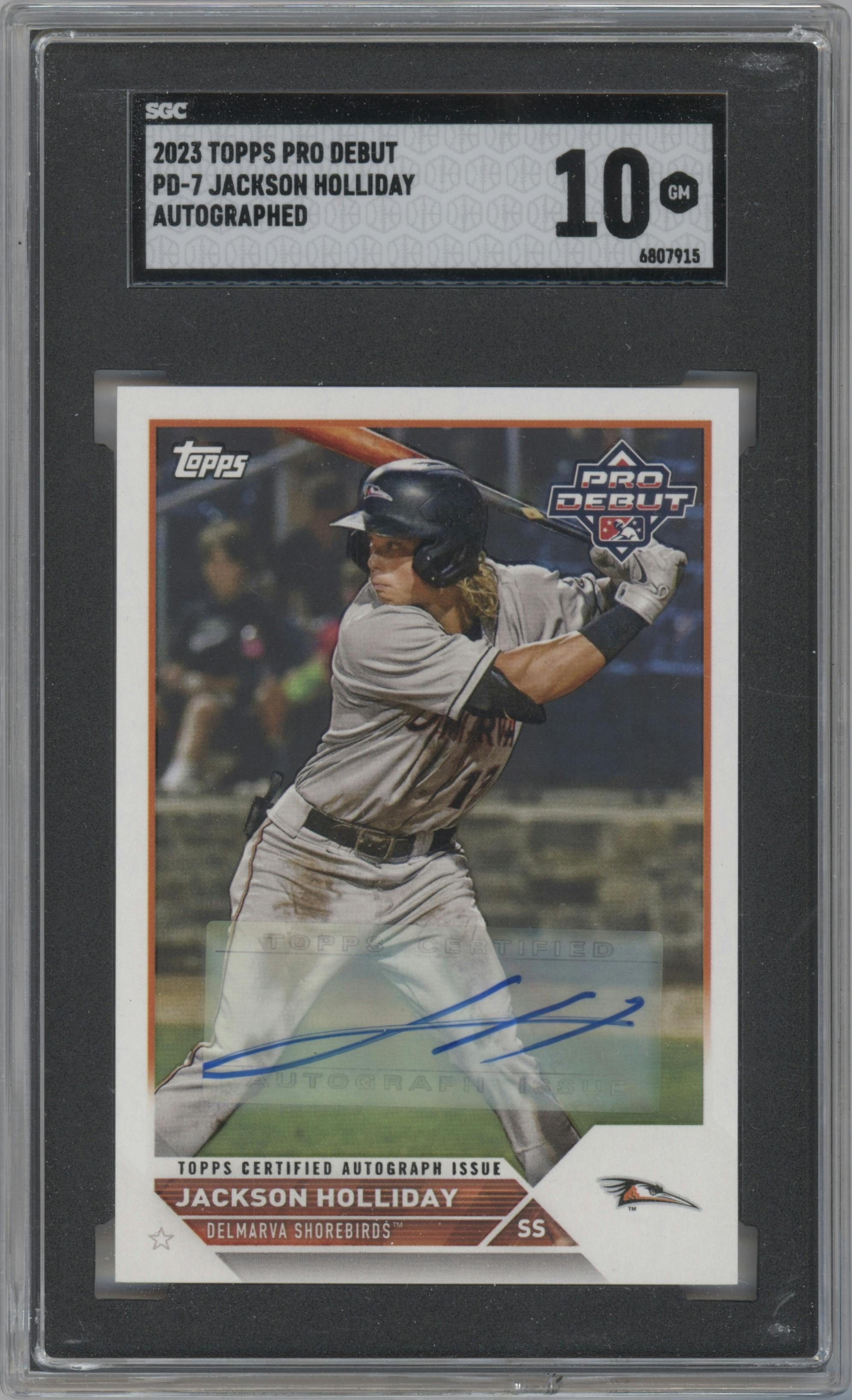 Jackson Holliday from the 2023 Topps Pro Debut set graded by SGC and given an overall grade of 10.