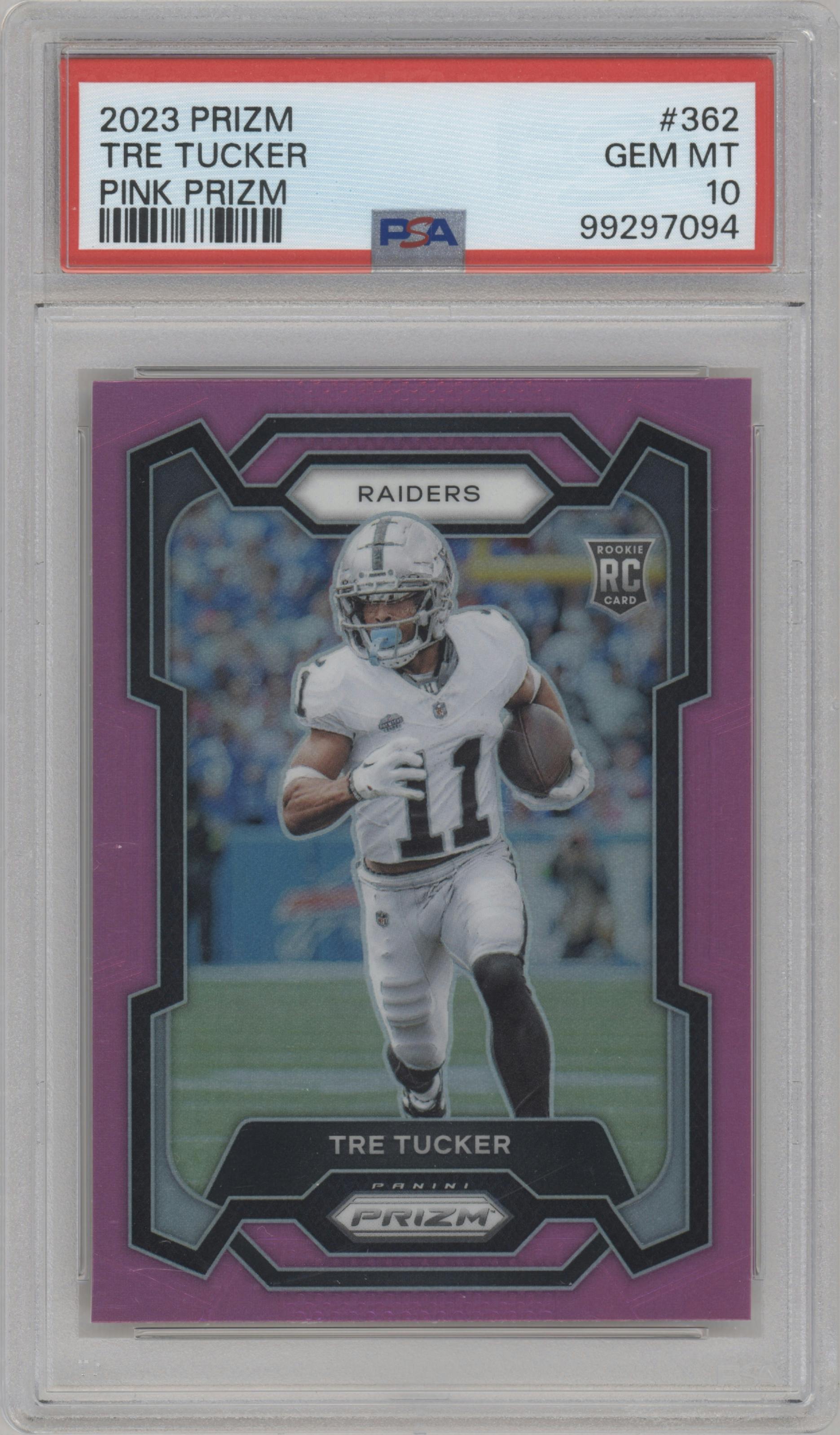 Tre Tucker from the 2023 Panini Prizm set featuring a Pink Prizm parallel graded by PSA and given an overall grade of 10.